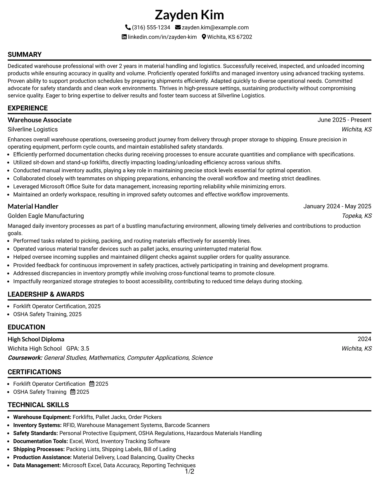 Resume Example Page 1