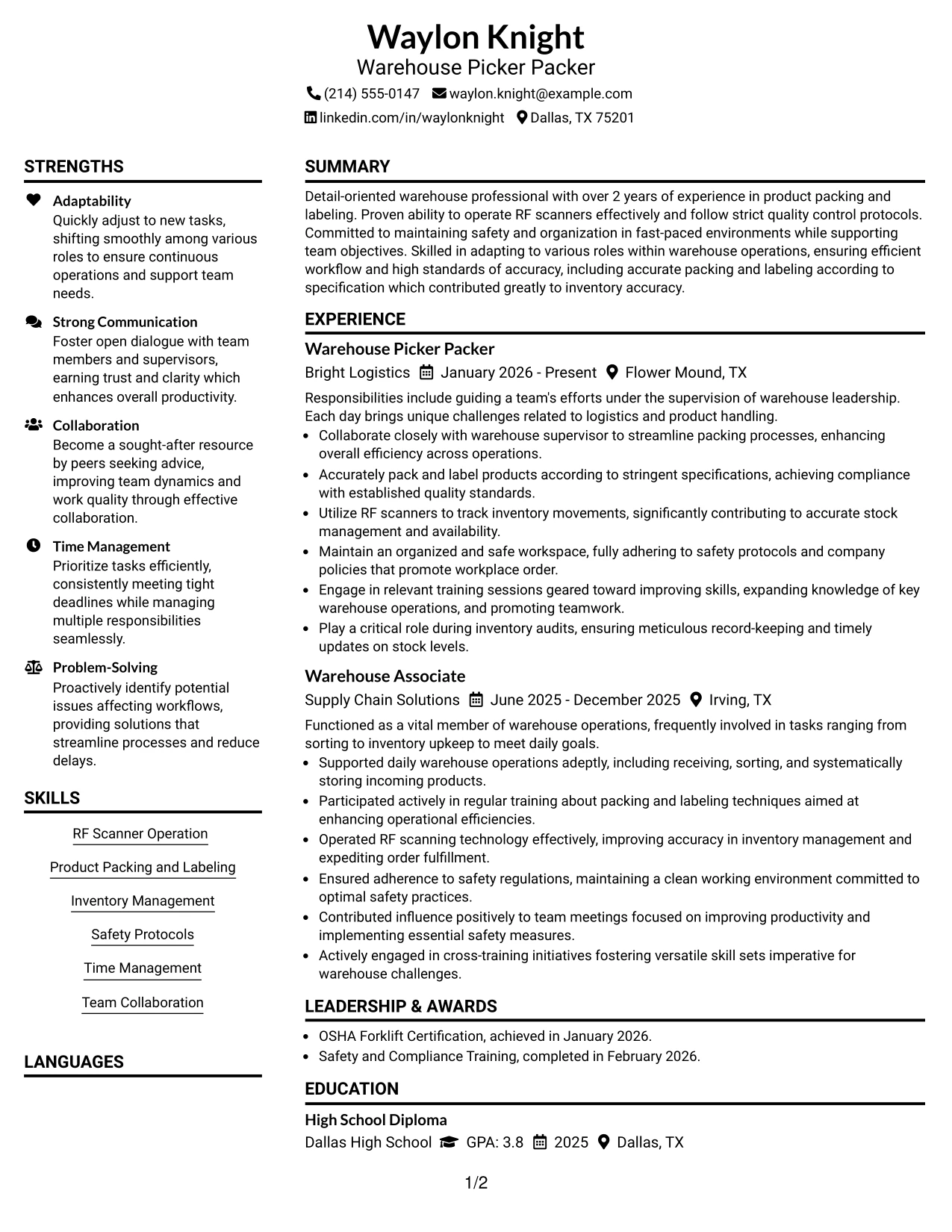 Resume Example Page 1