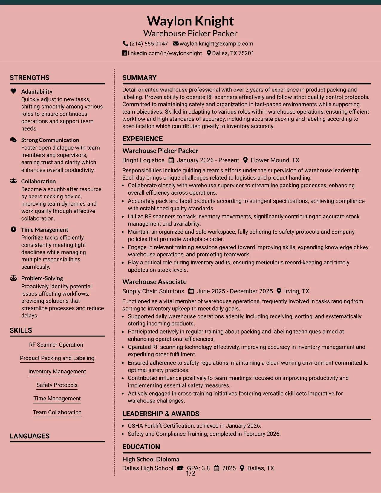 Resume Example Page 1