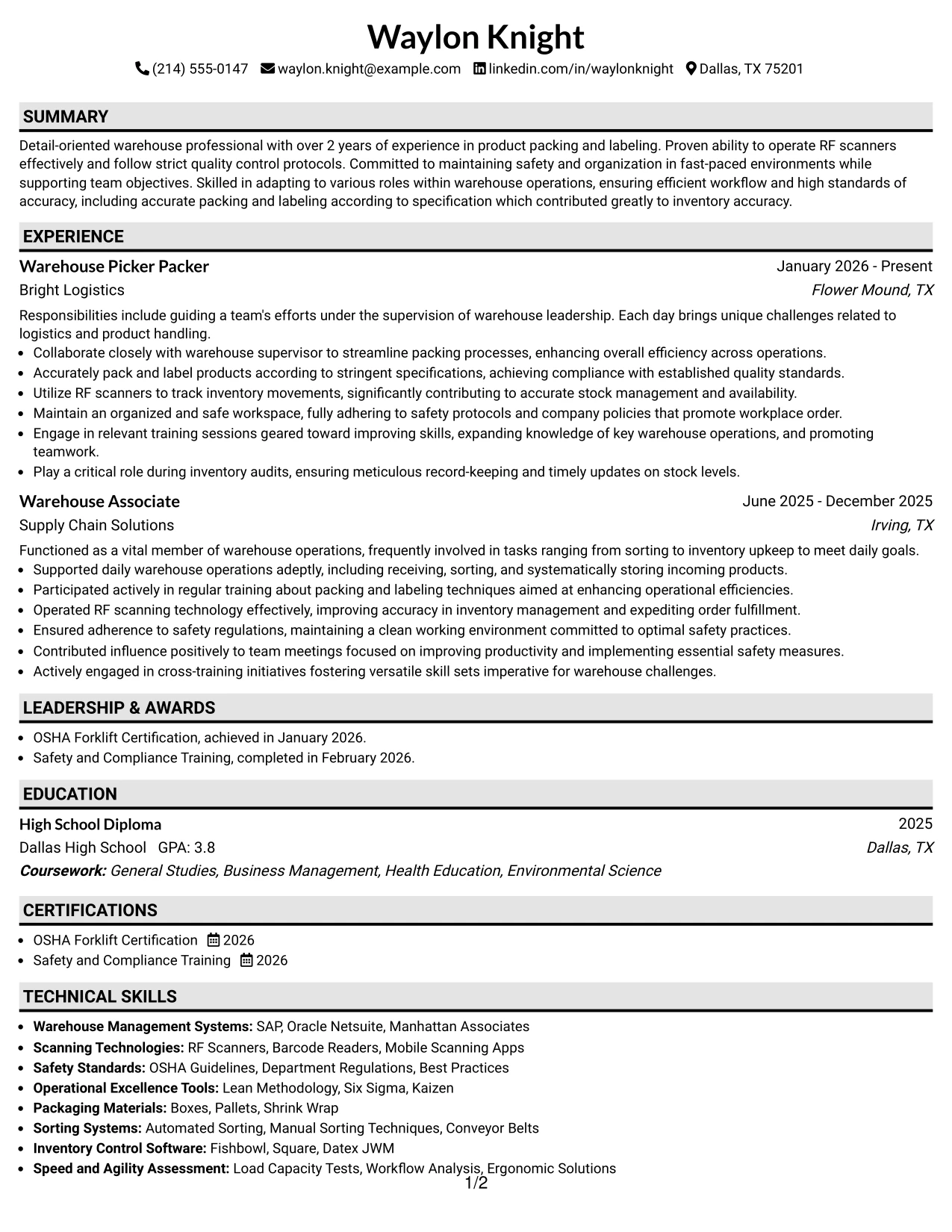 Resume Example Page 1