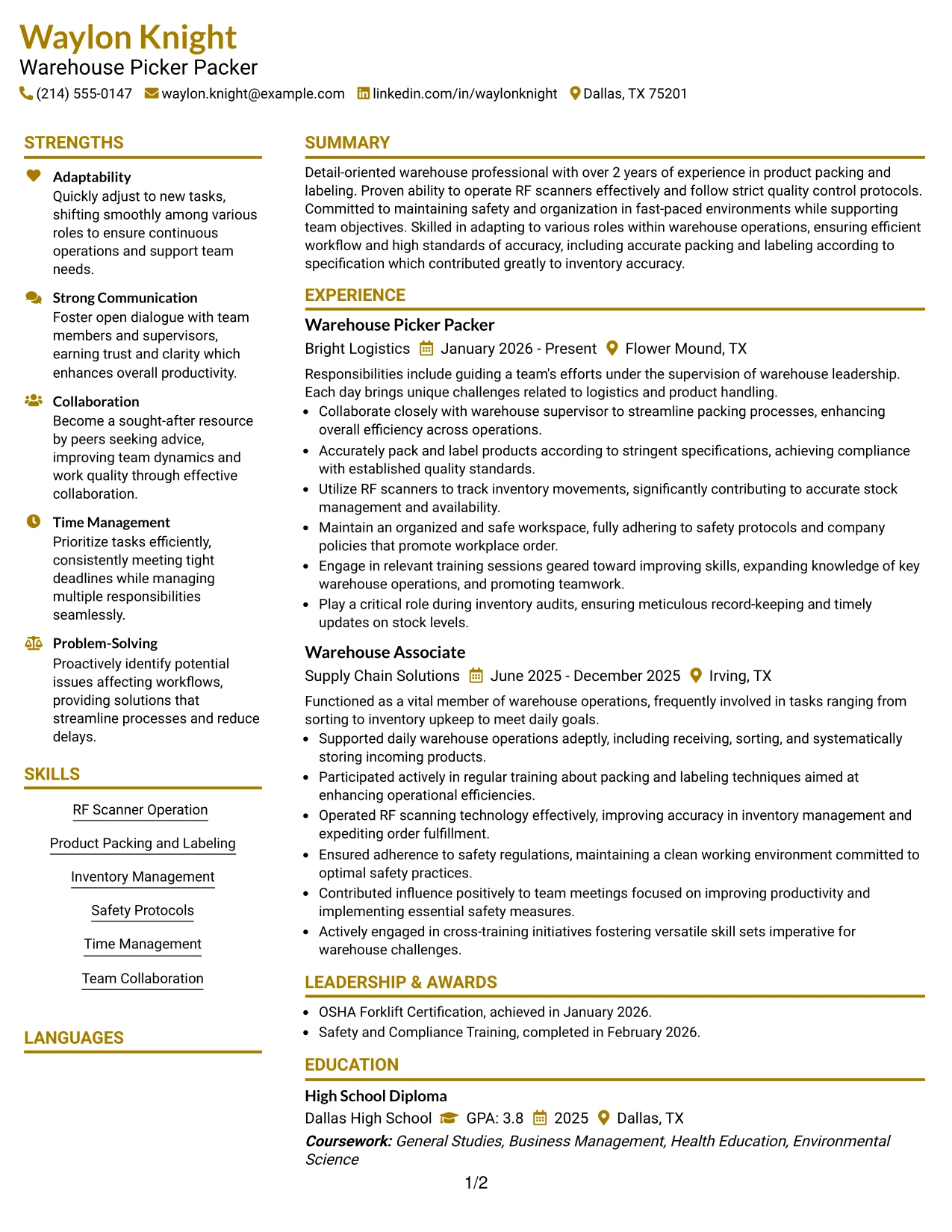 Resume Example Page 1