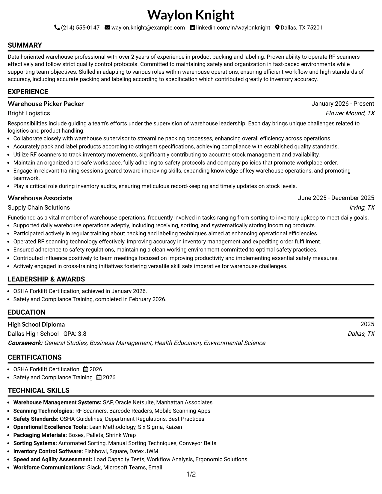 Resume Example Page 1