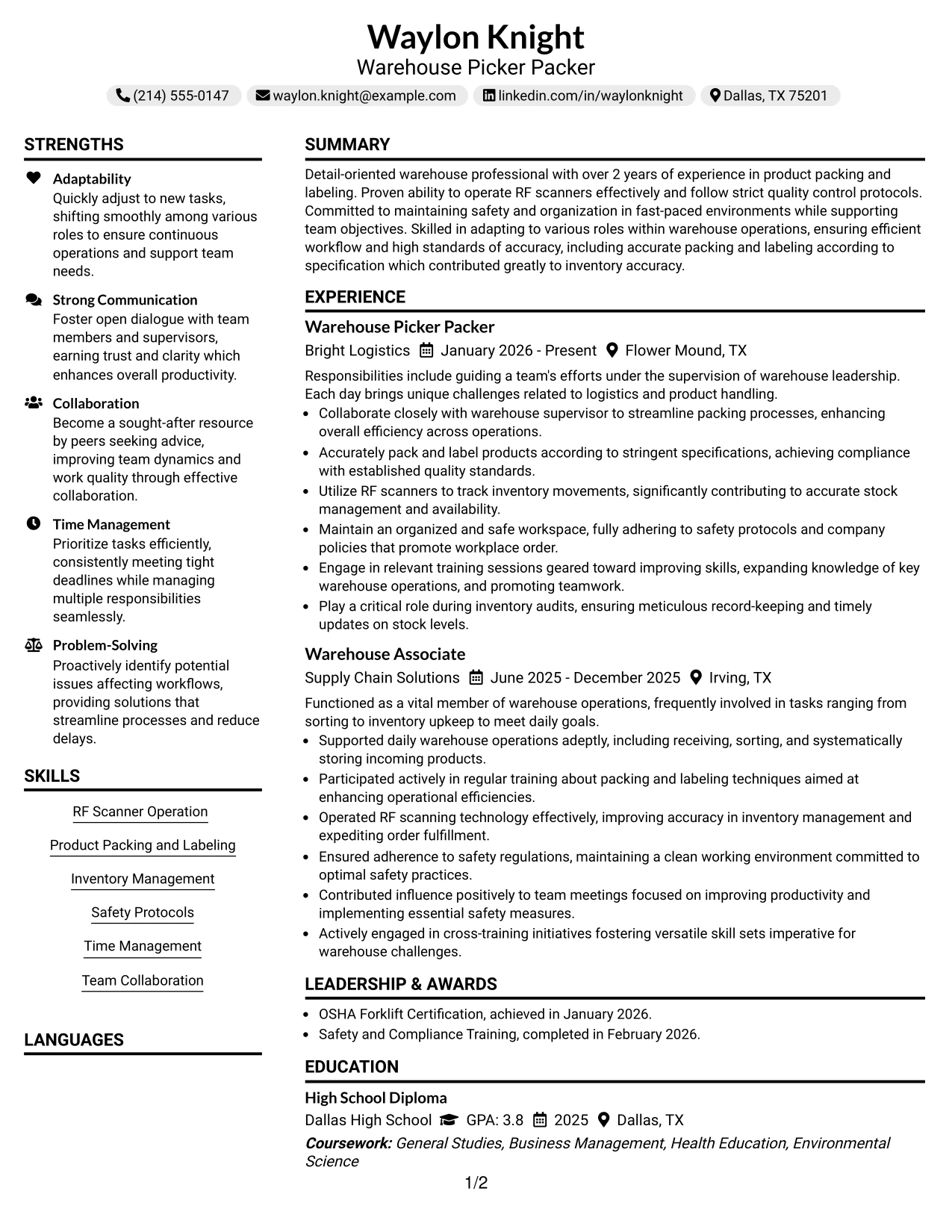 Resume Example Page 1