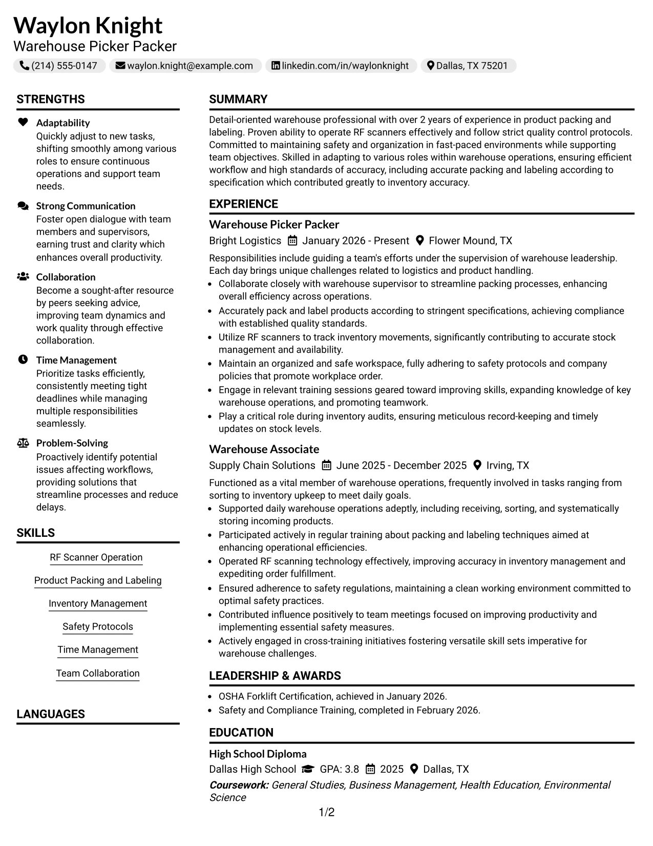 Resume Example Page 1
