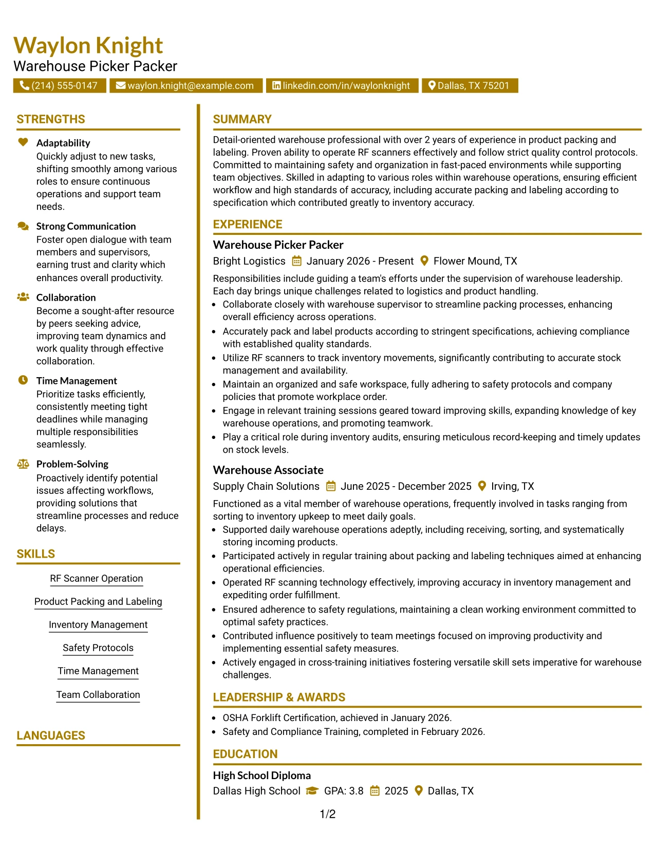 Resume Example Page 1