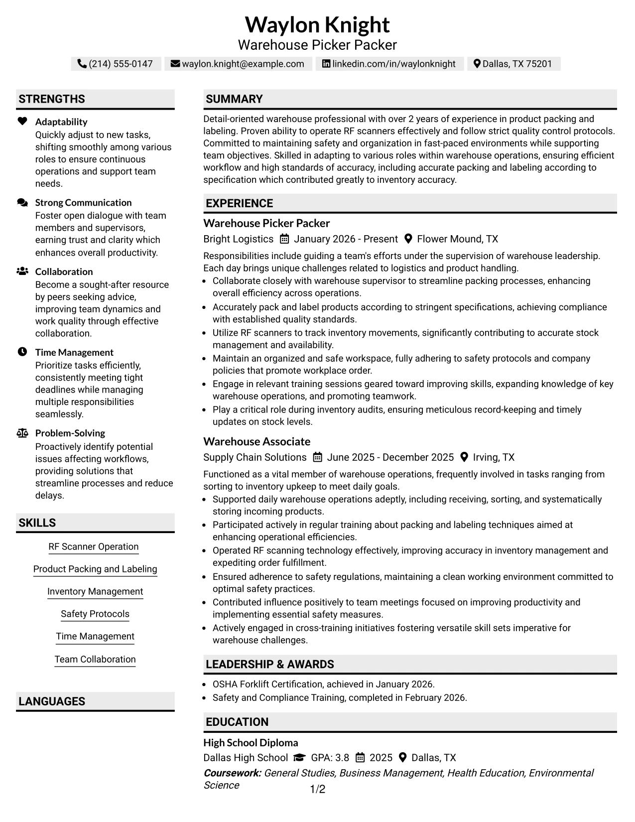 Resume Example Page 1