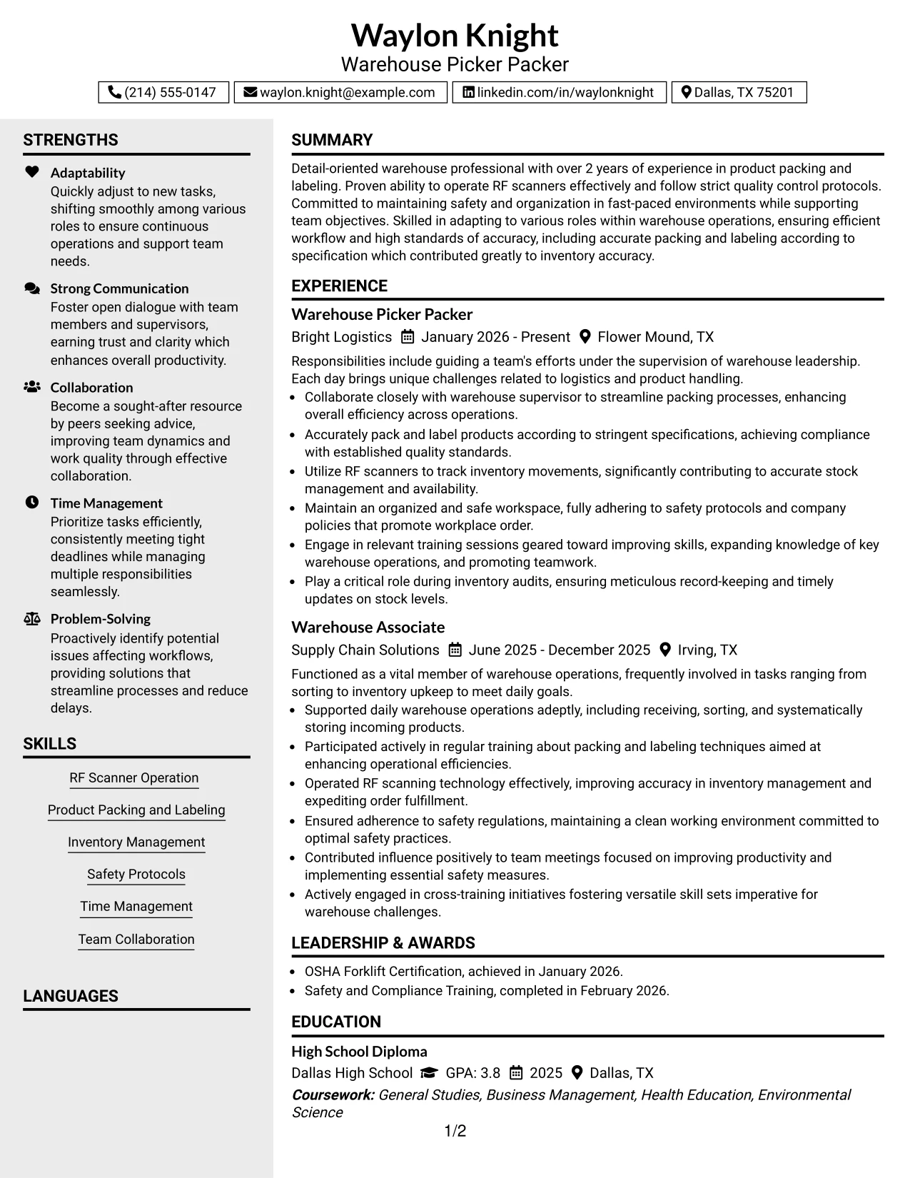 Resume Example Page 1