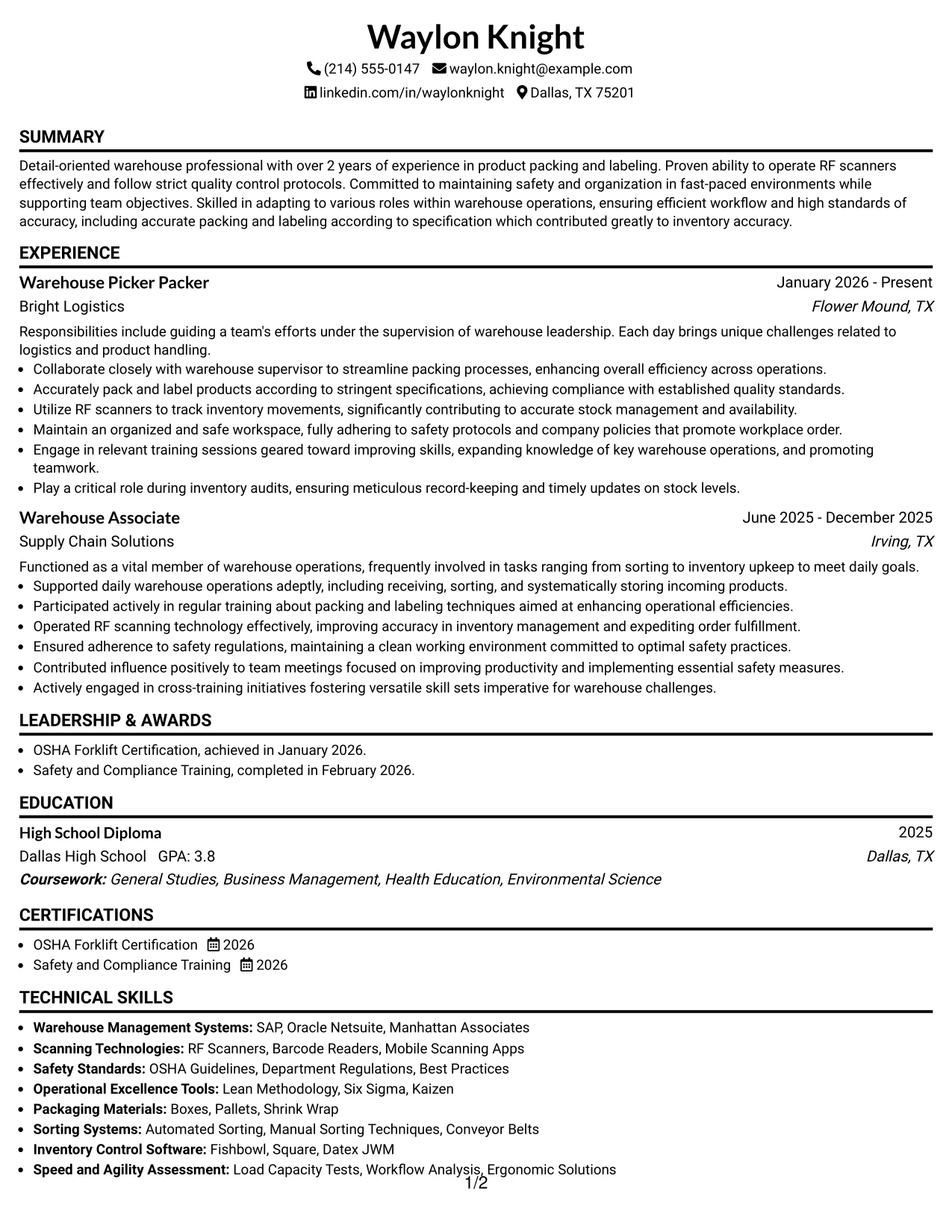 Resume Example Page 1