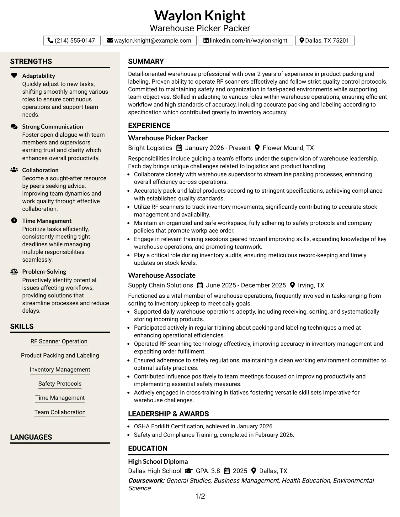 Resume Example Page 1