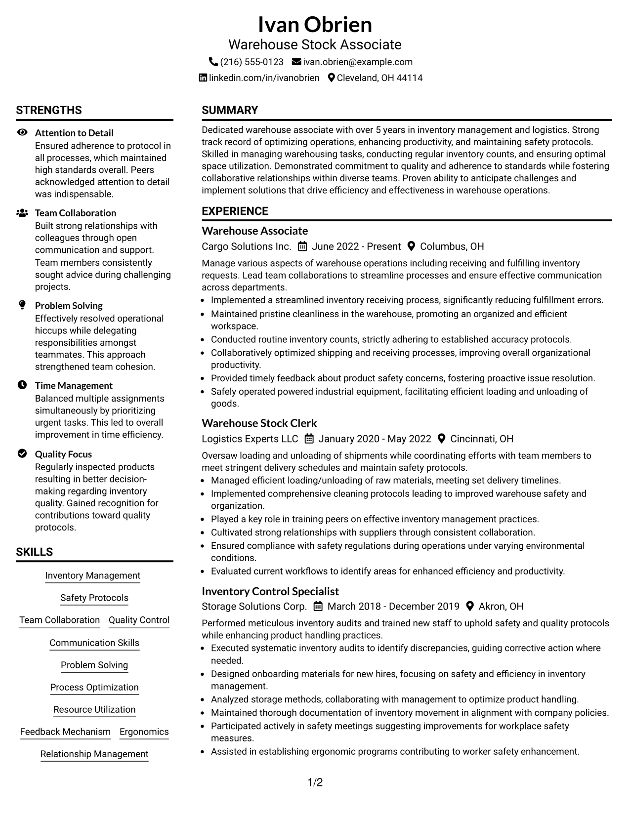Resume Example Page 1