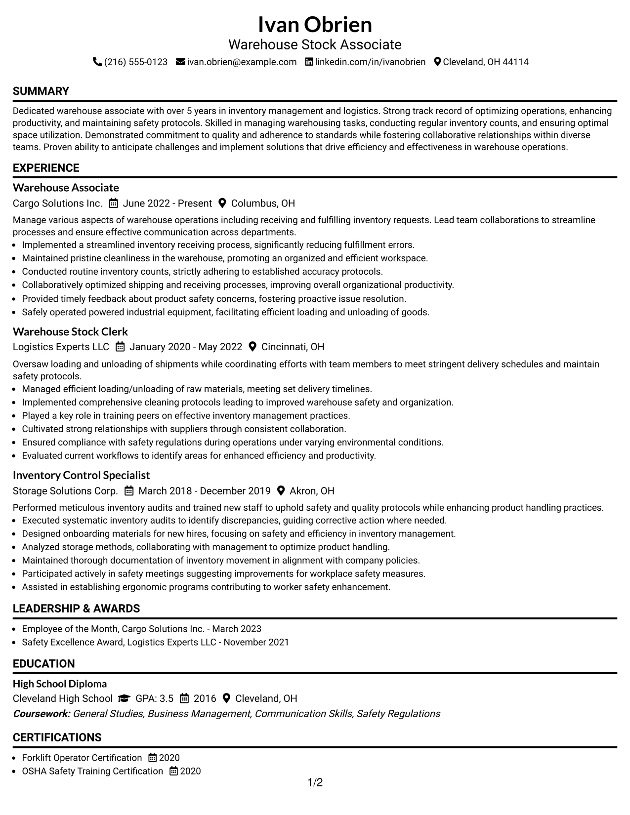 Resume Example Page 1