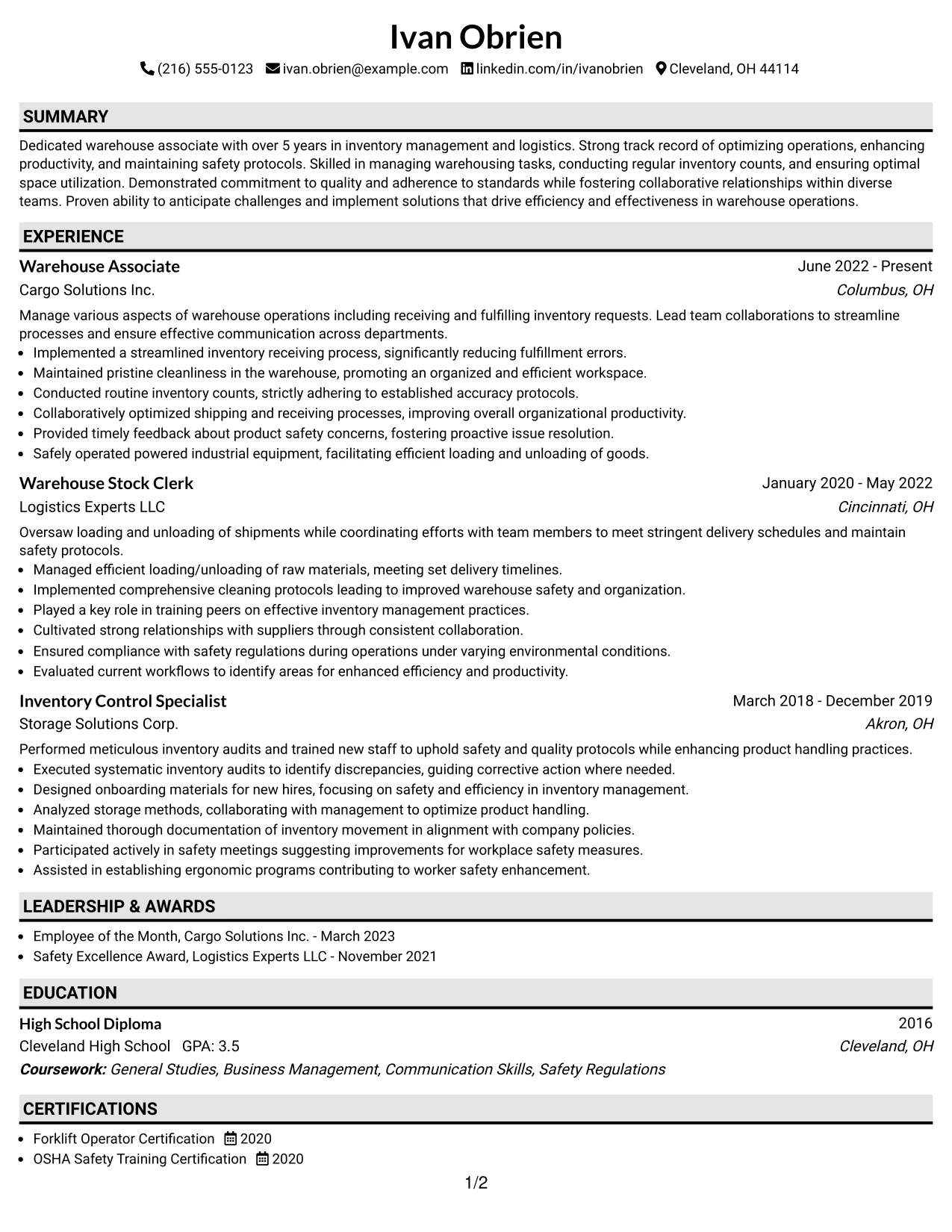 Resume Example Page 1