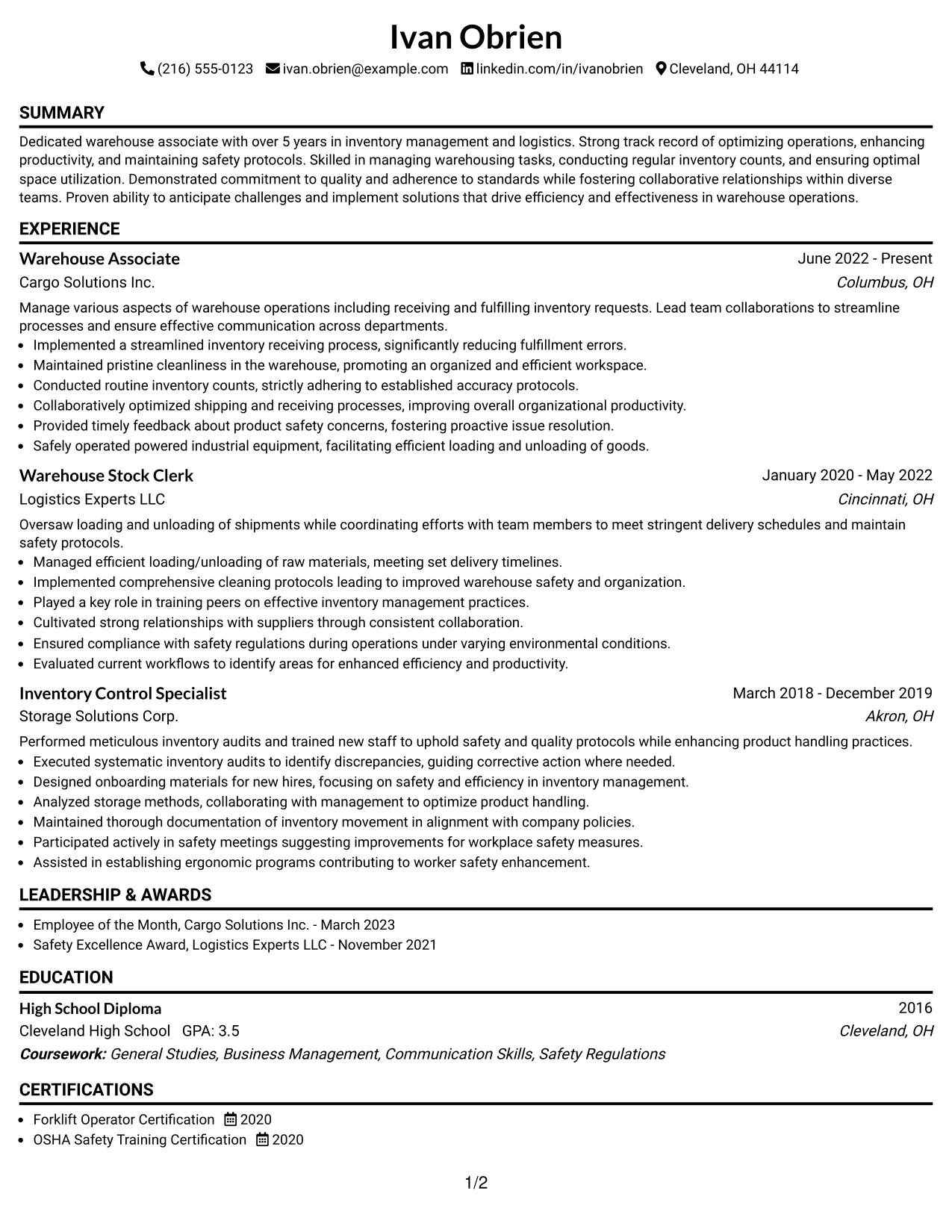 Resume Example Page 1