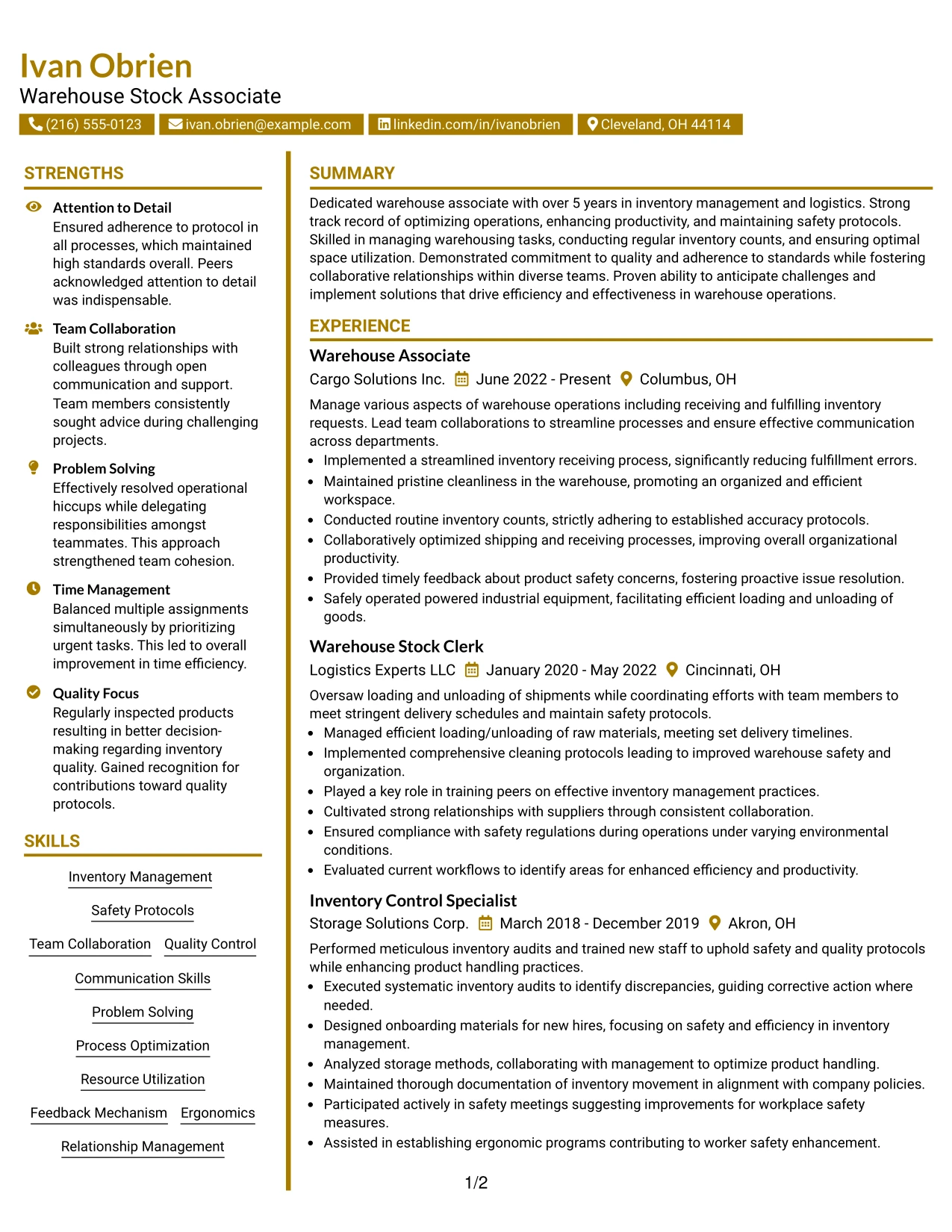 Resume Example Page 1