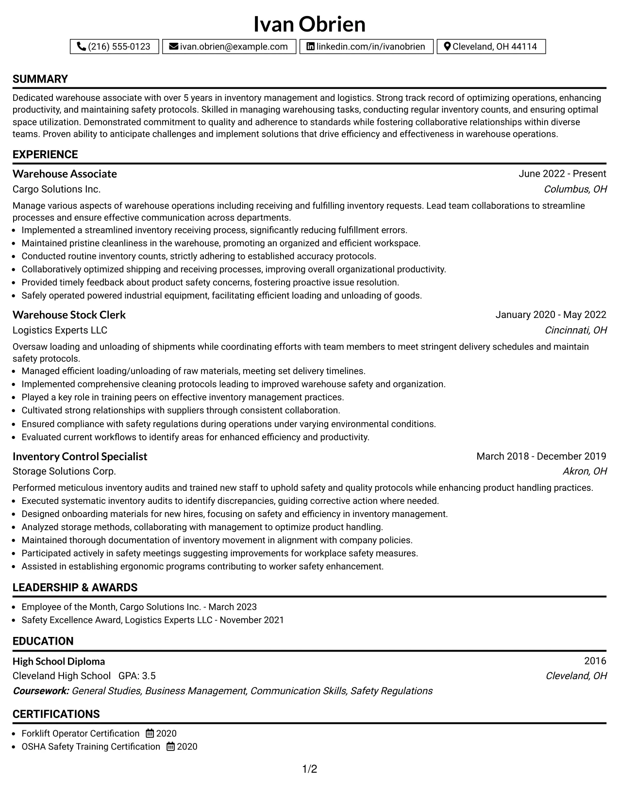 Resume Example Page 1