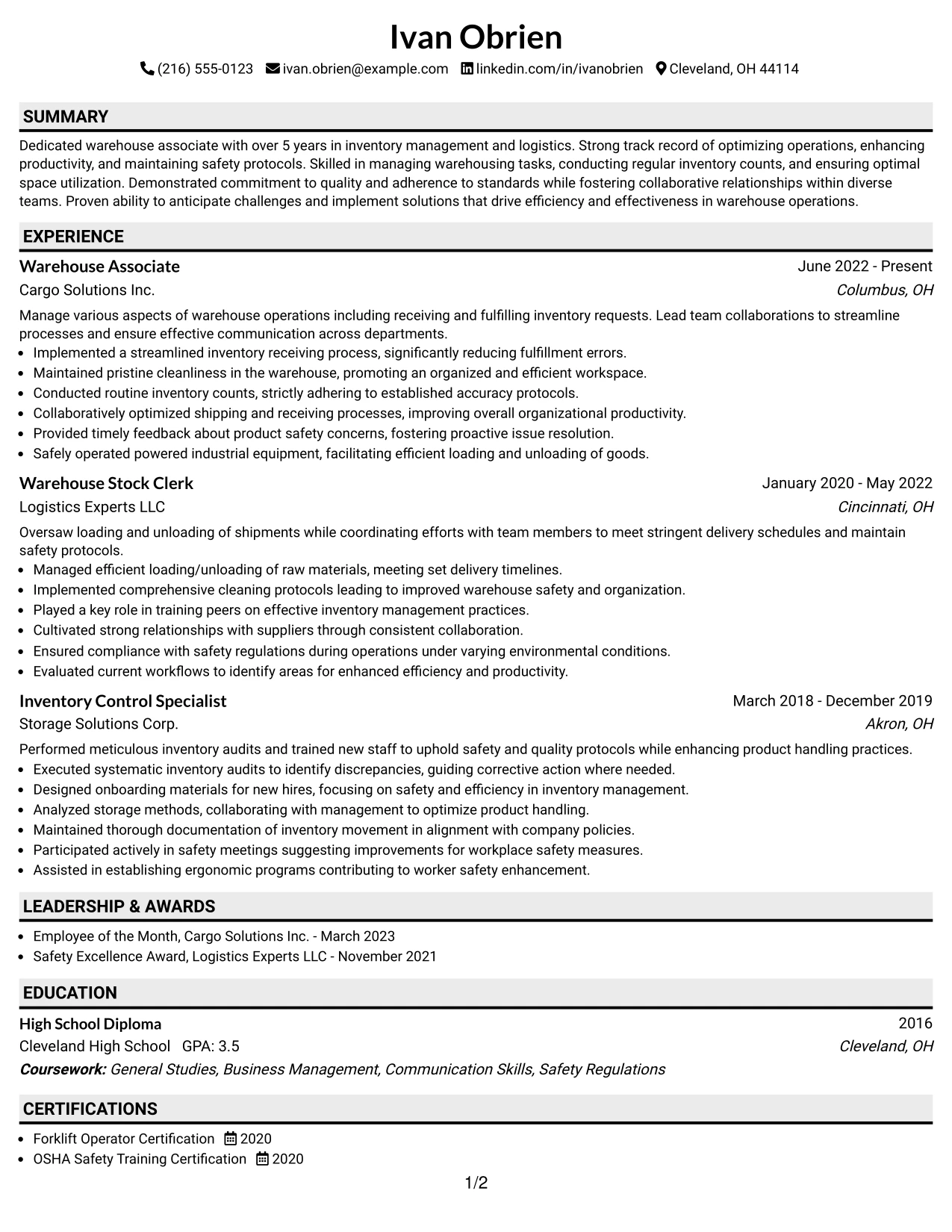 Resume Example Page 1