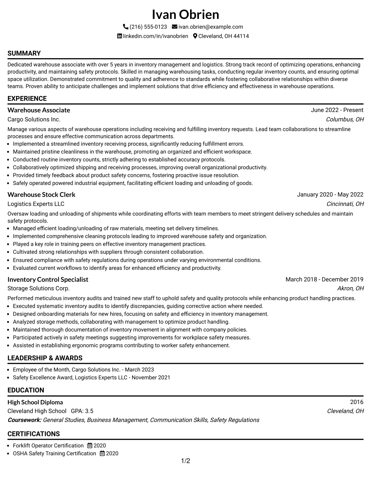 Resume Example Page 1