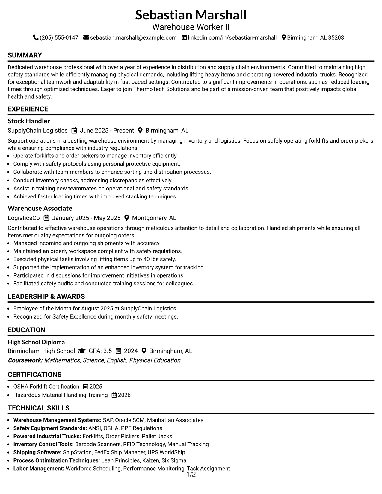 Resume Example Page 1