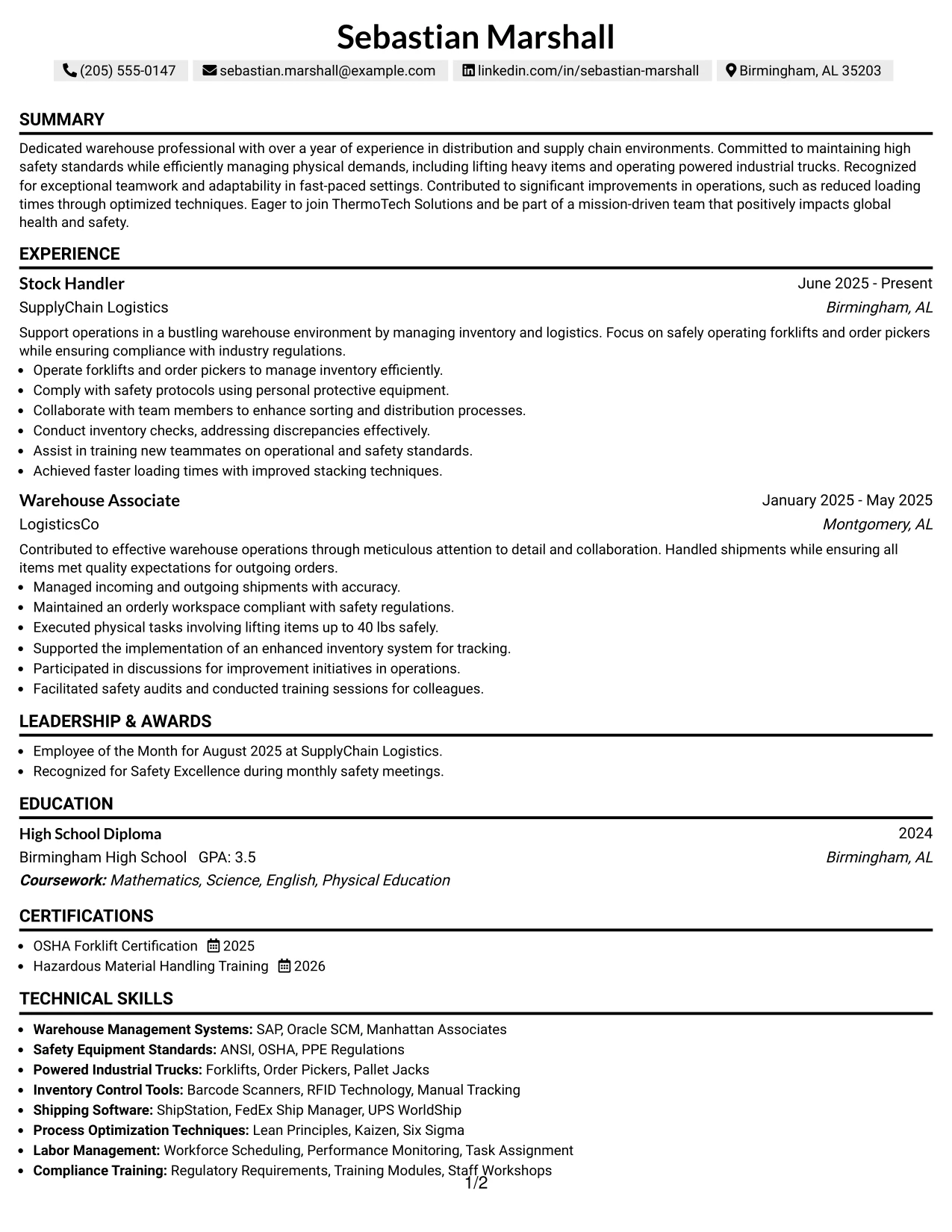 Resume Example Page 1