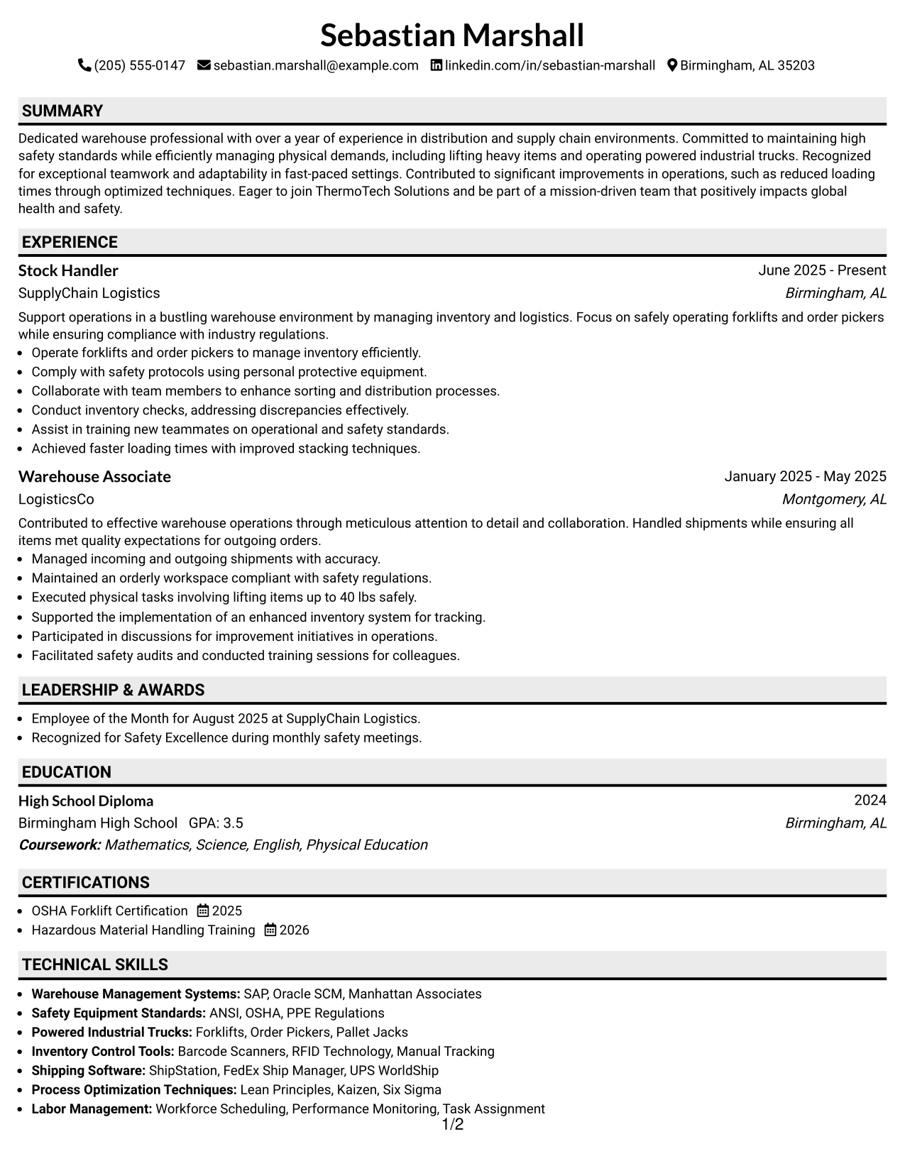 Resume Example Page 1