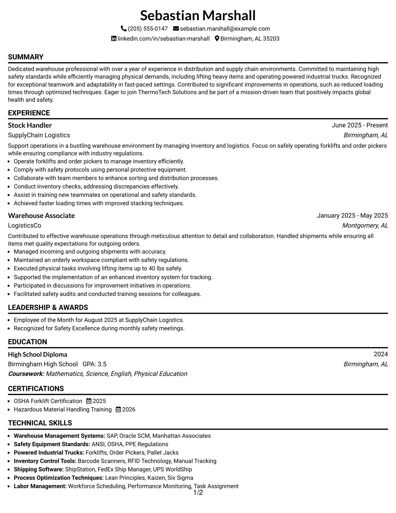 Resume Example Page 1