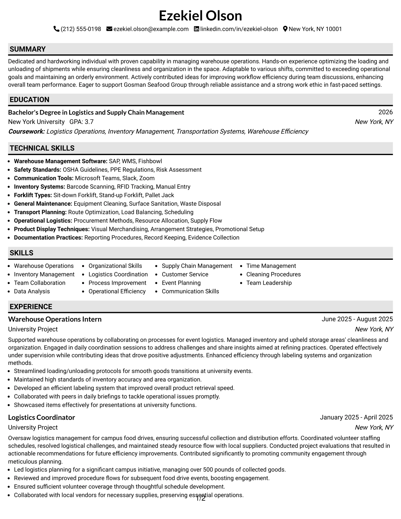 Resume Example Page 1