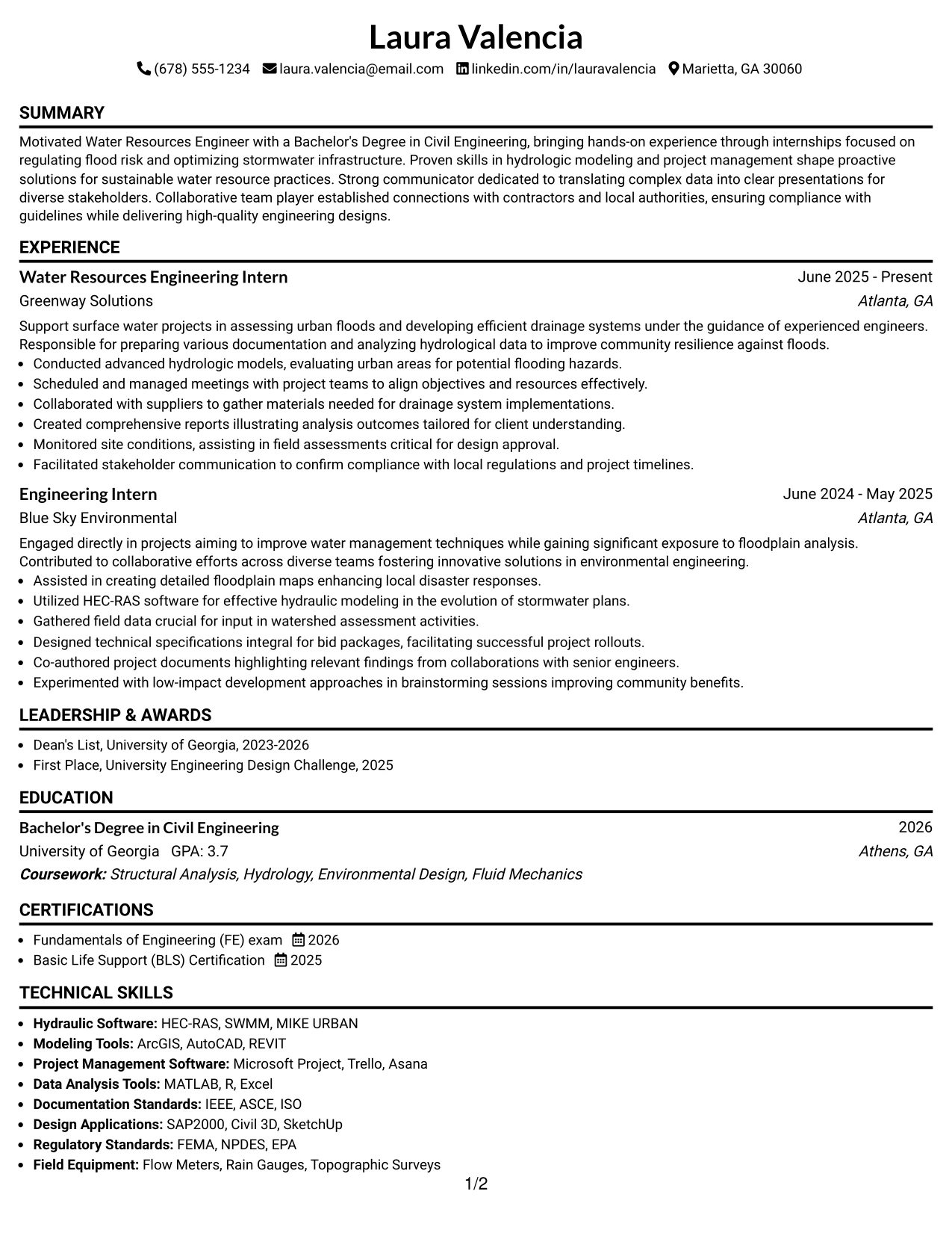 Resume Example Page 1