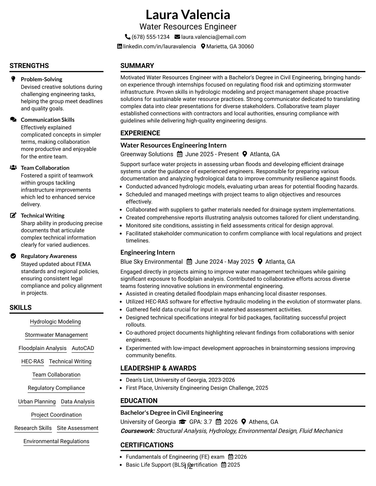 Resume Example Page 1
