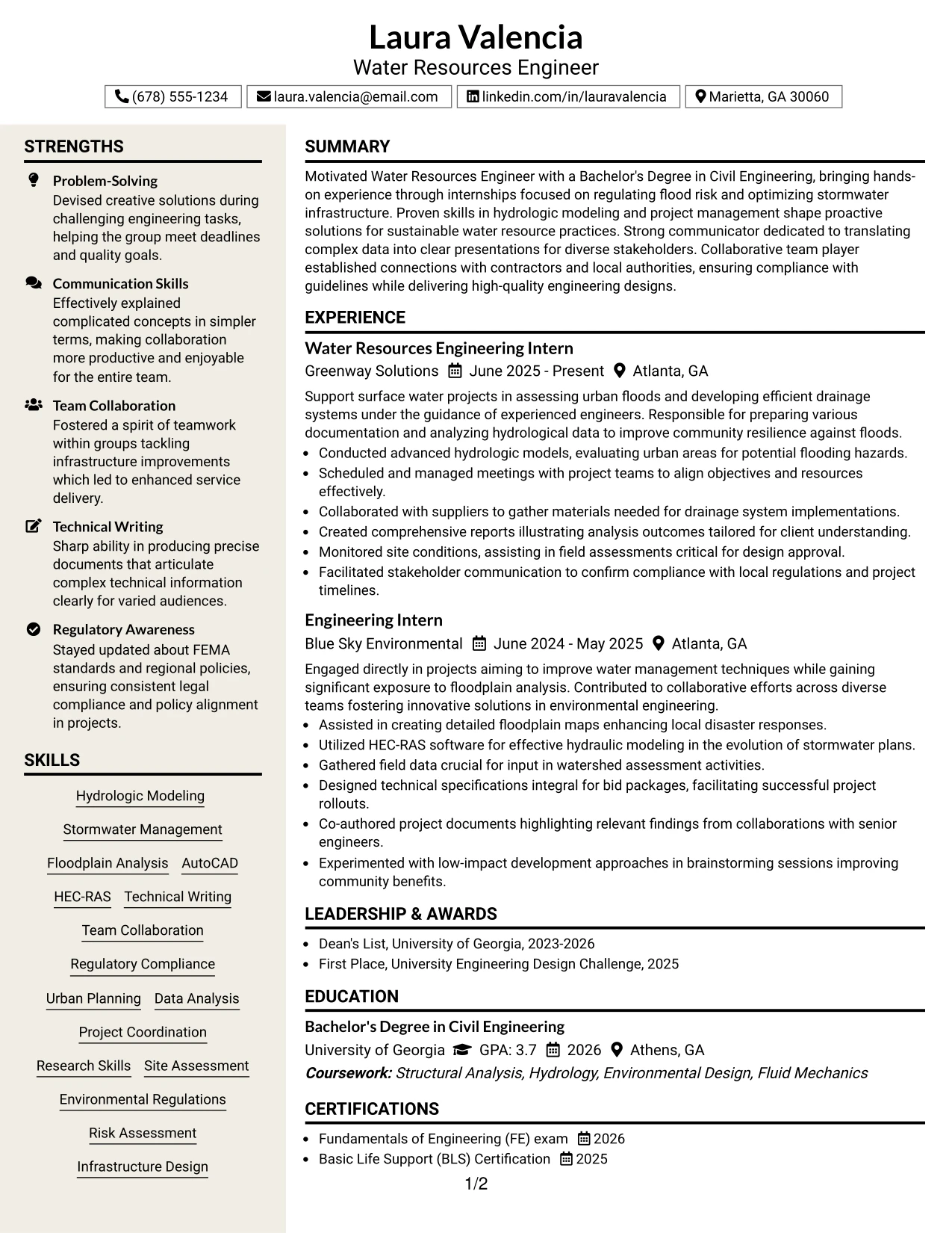 Resume Example Page 1