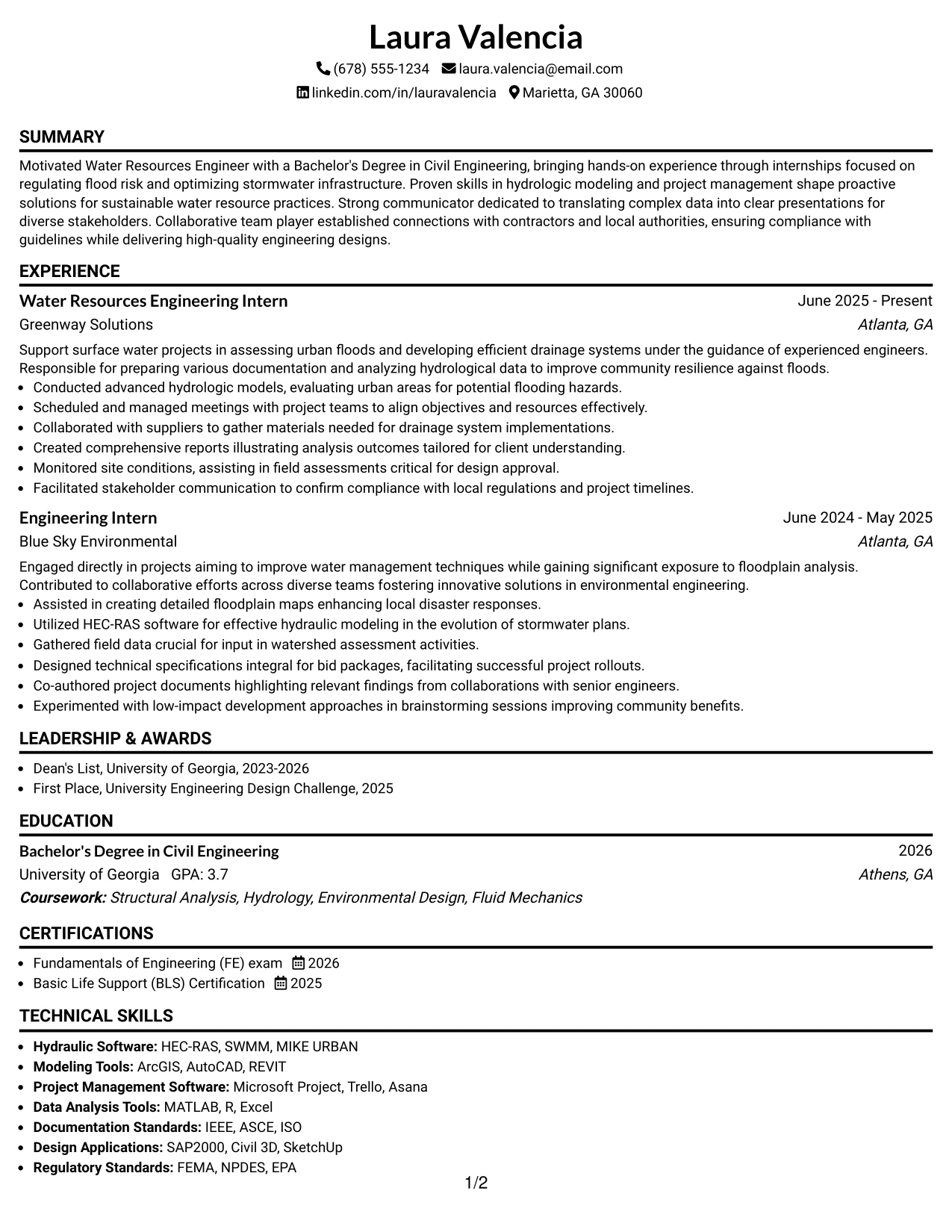Resume Example Page 1