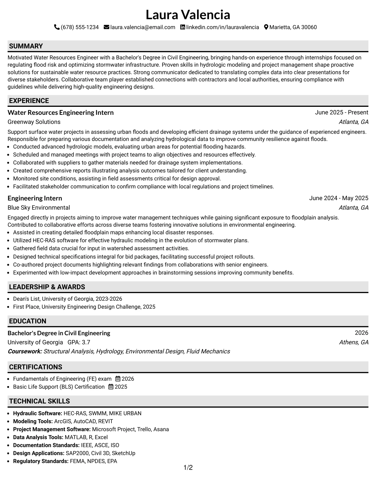Resume Example Page 1
