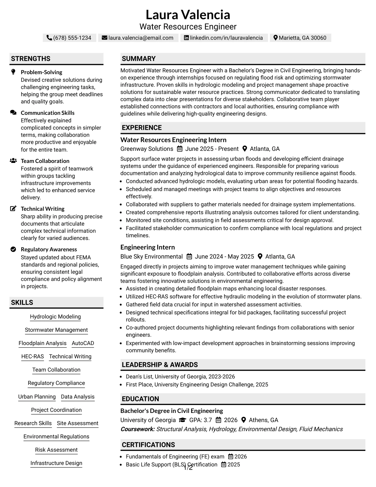 Resume Example Page 1