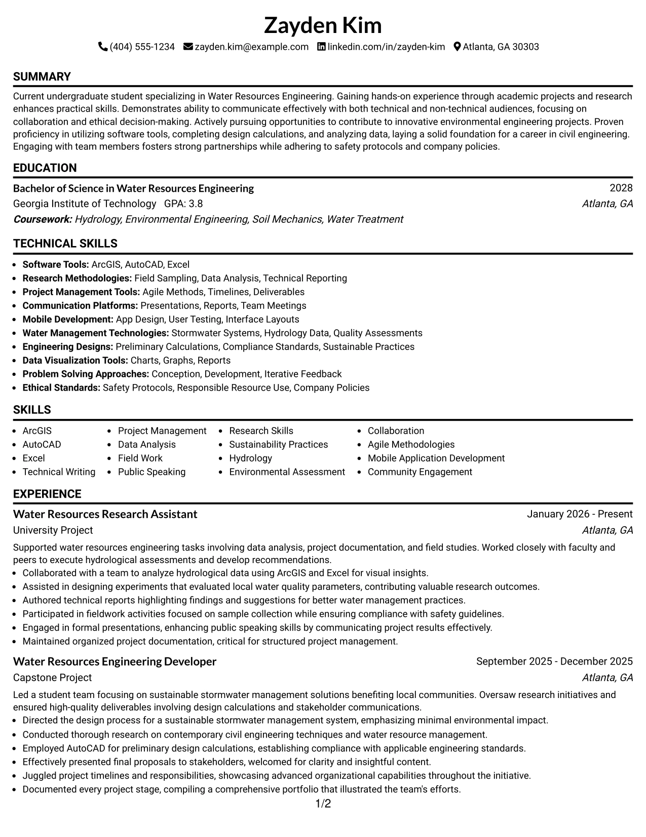 Resume Example Page 1