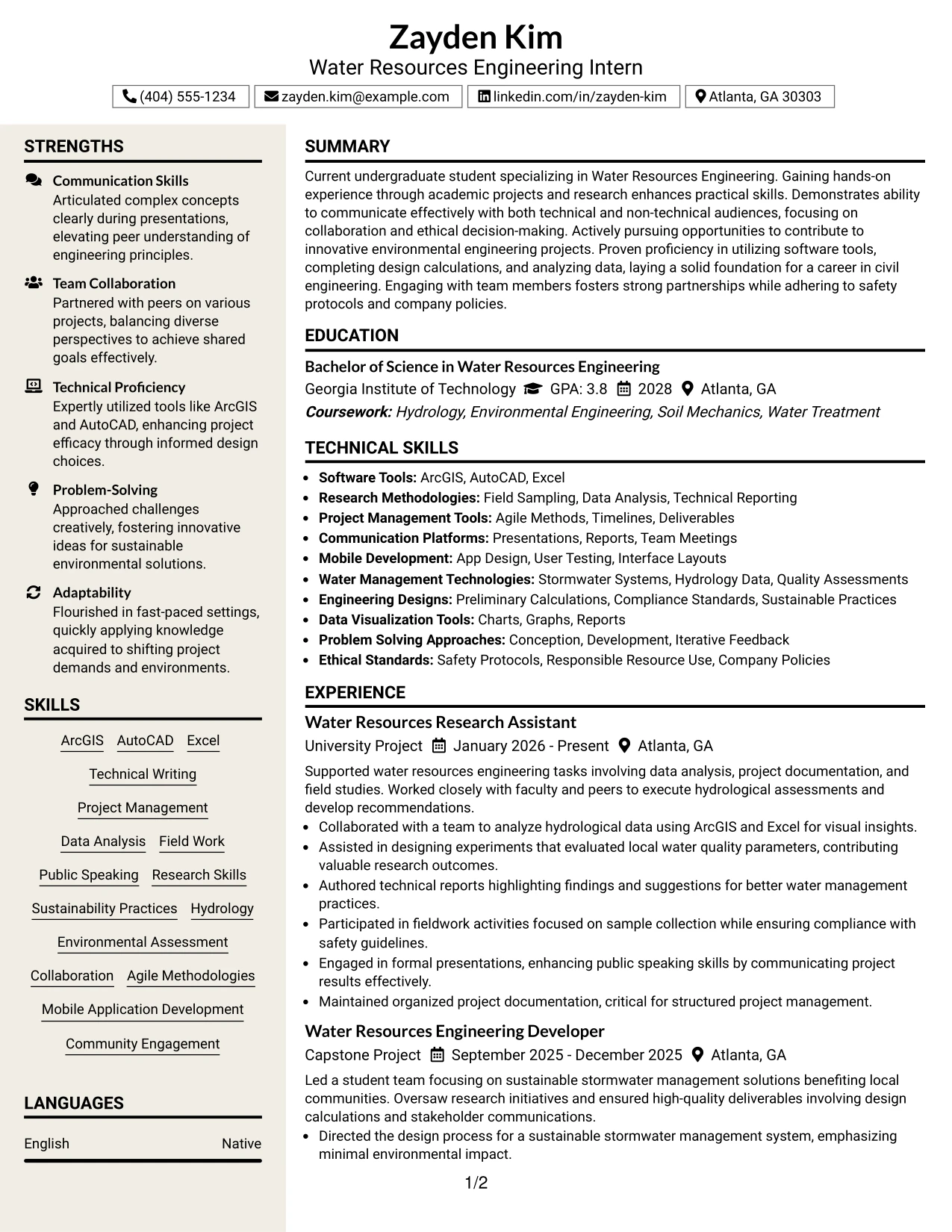 Resume Example Page 1