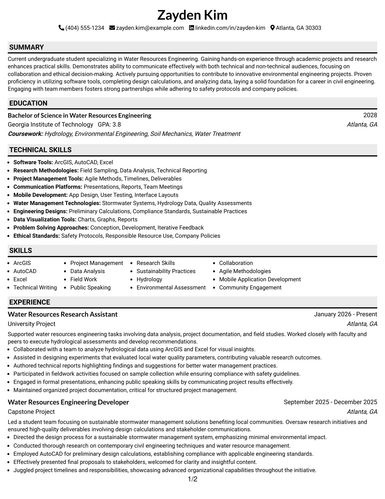 Resume Example Page 1