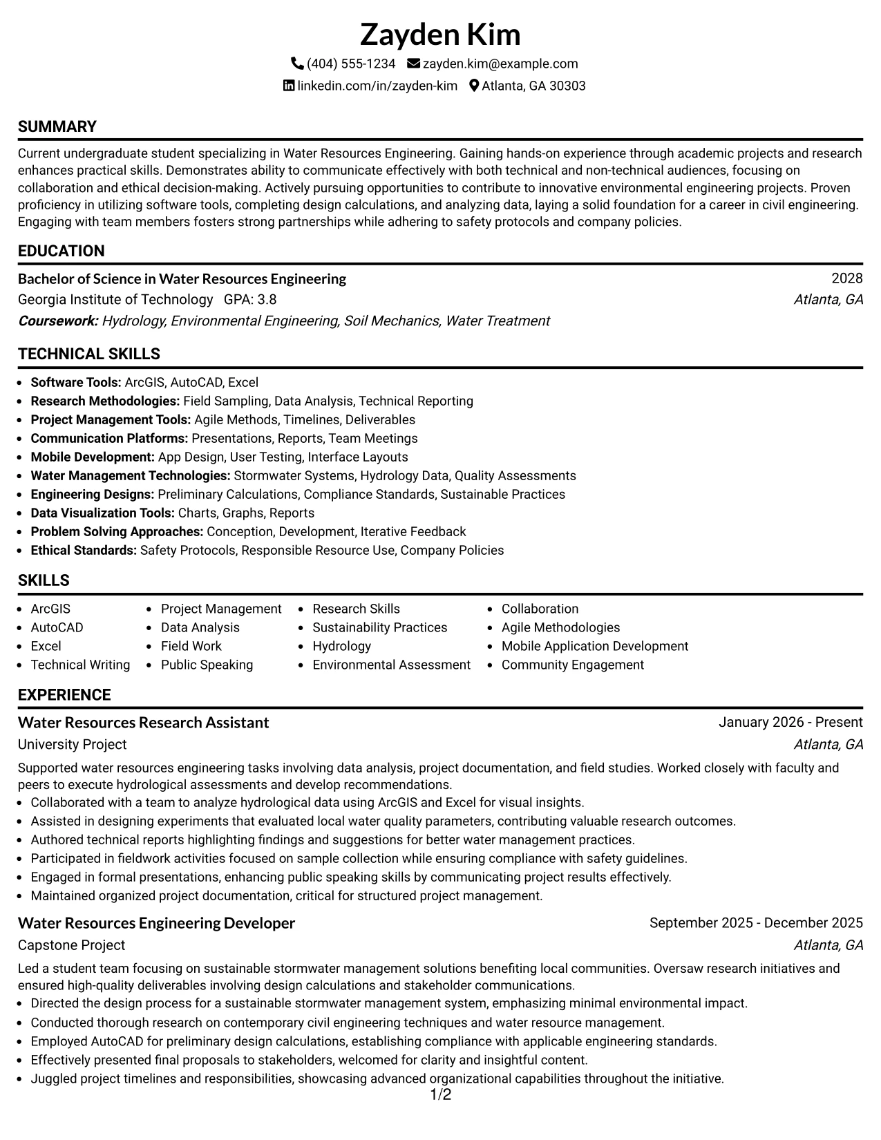 Resume Example Page 1