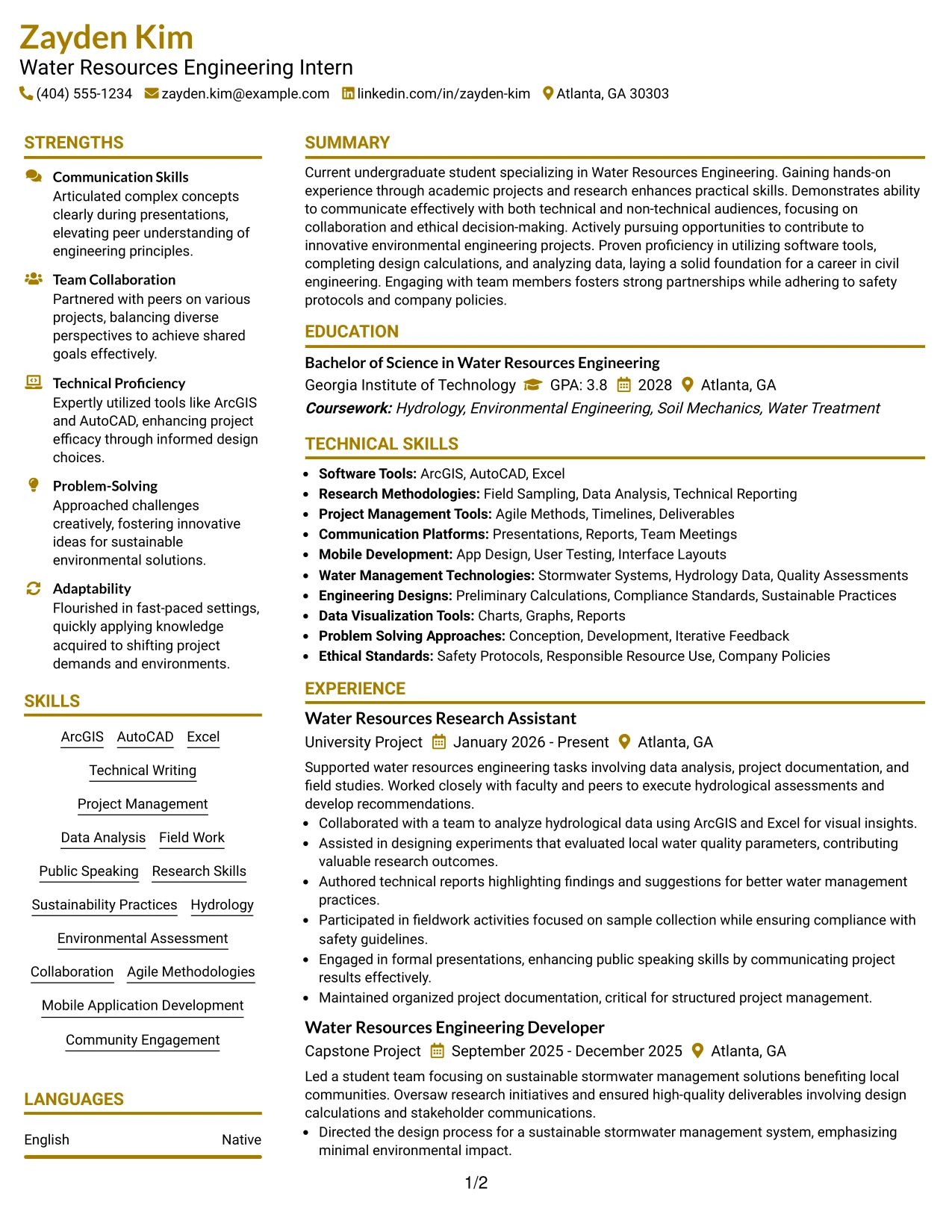 Resume Example Page 1