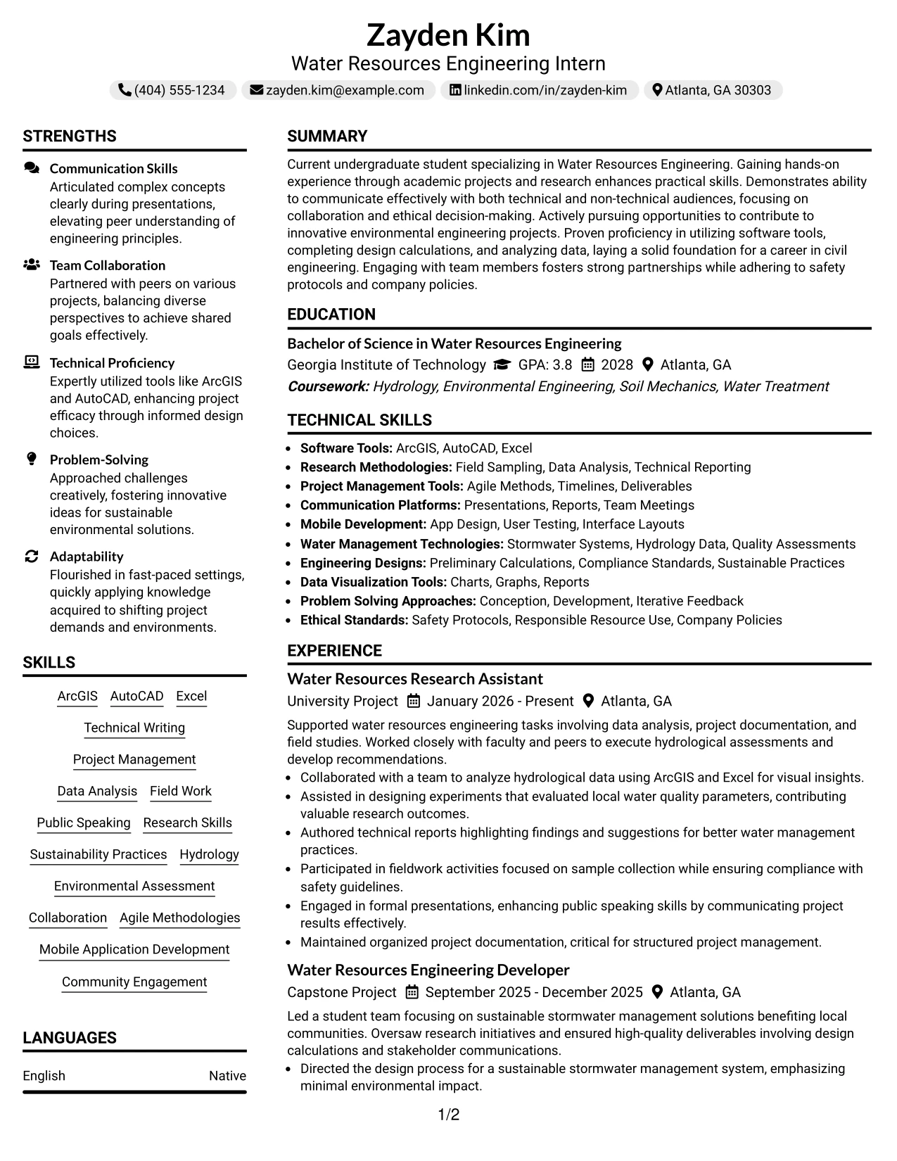 Resume Example Page 1