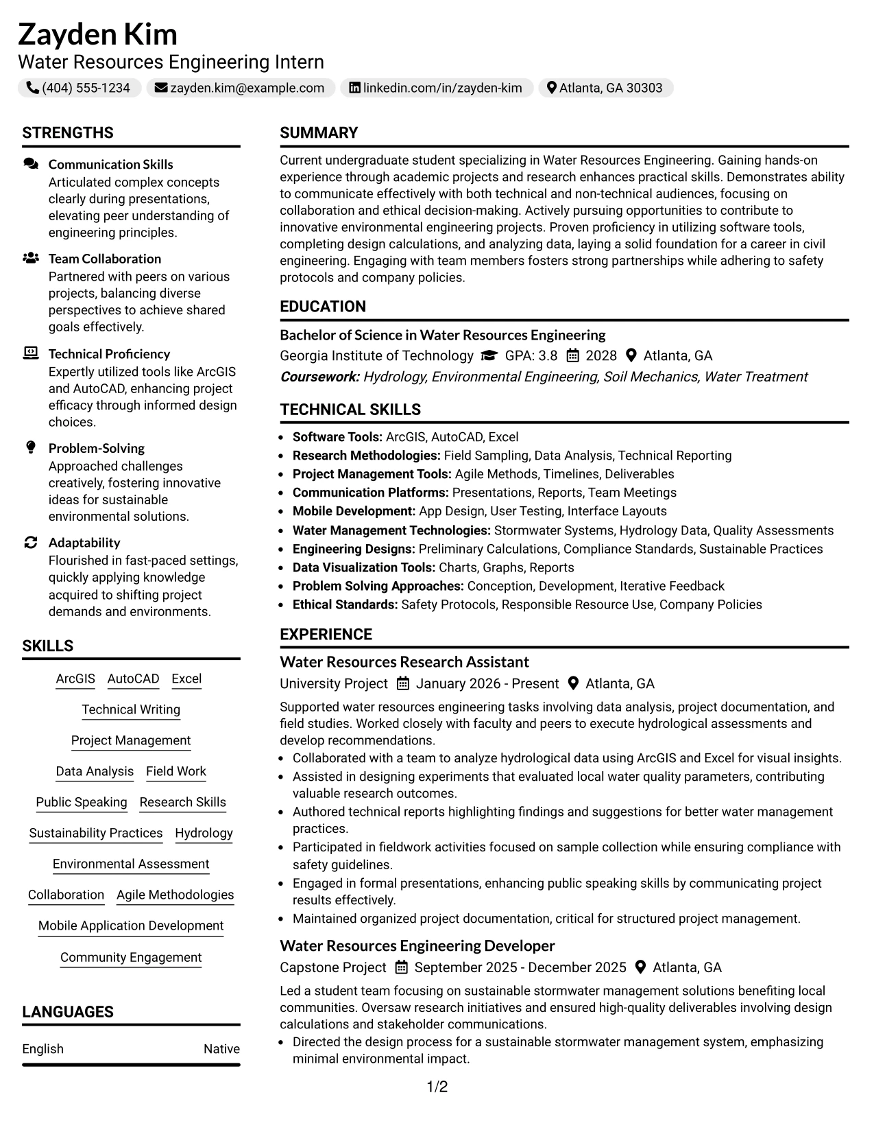 Resume Example Page 1