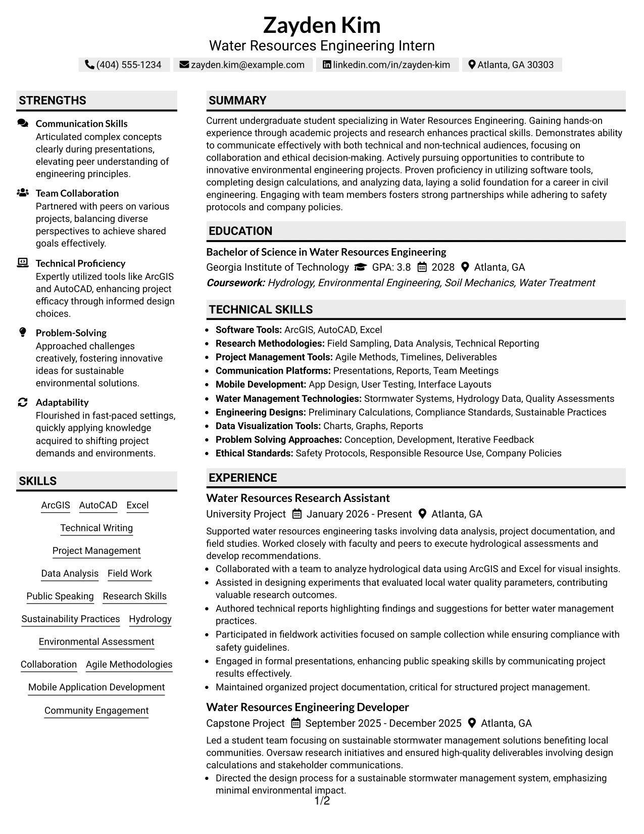 Resume Example Page 1