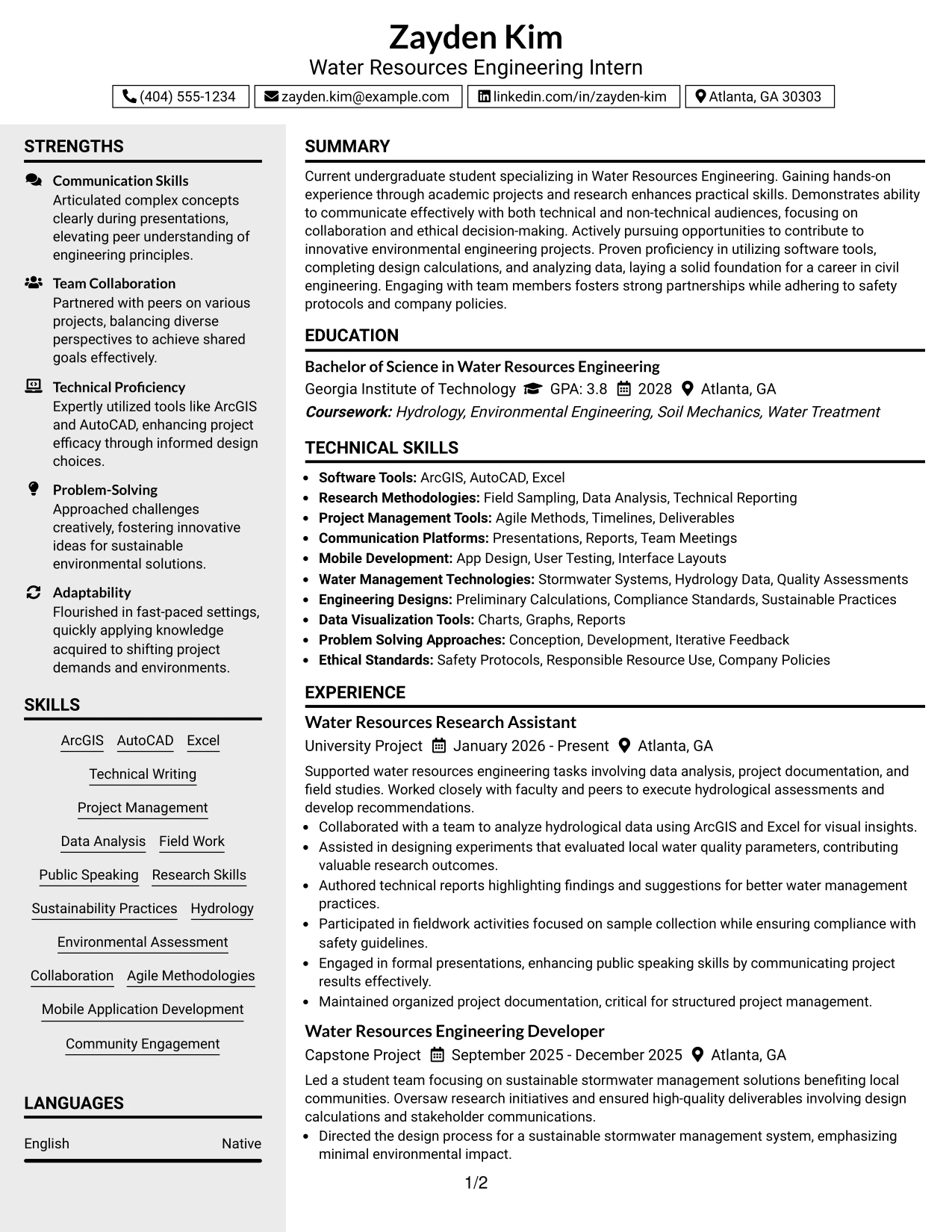 Resume Example Page 1
