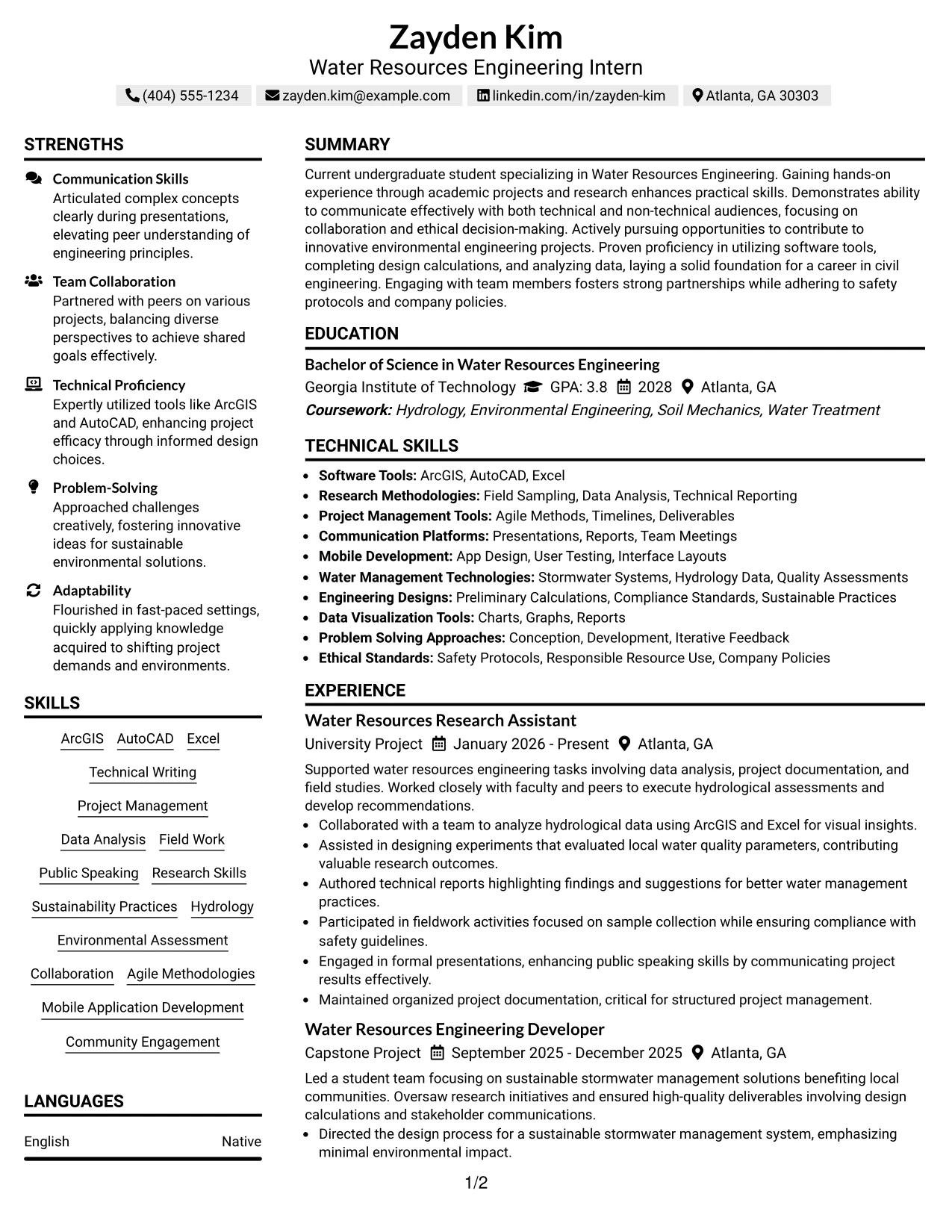 Resume Example Page 1