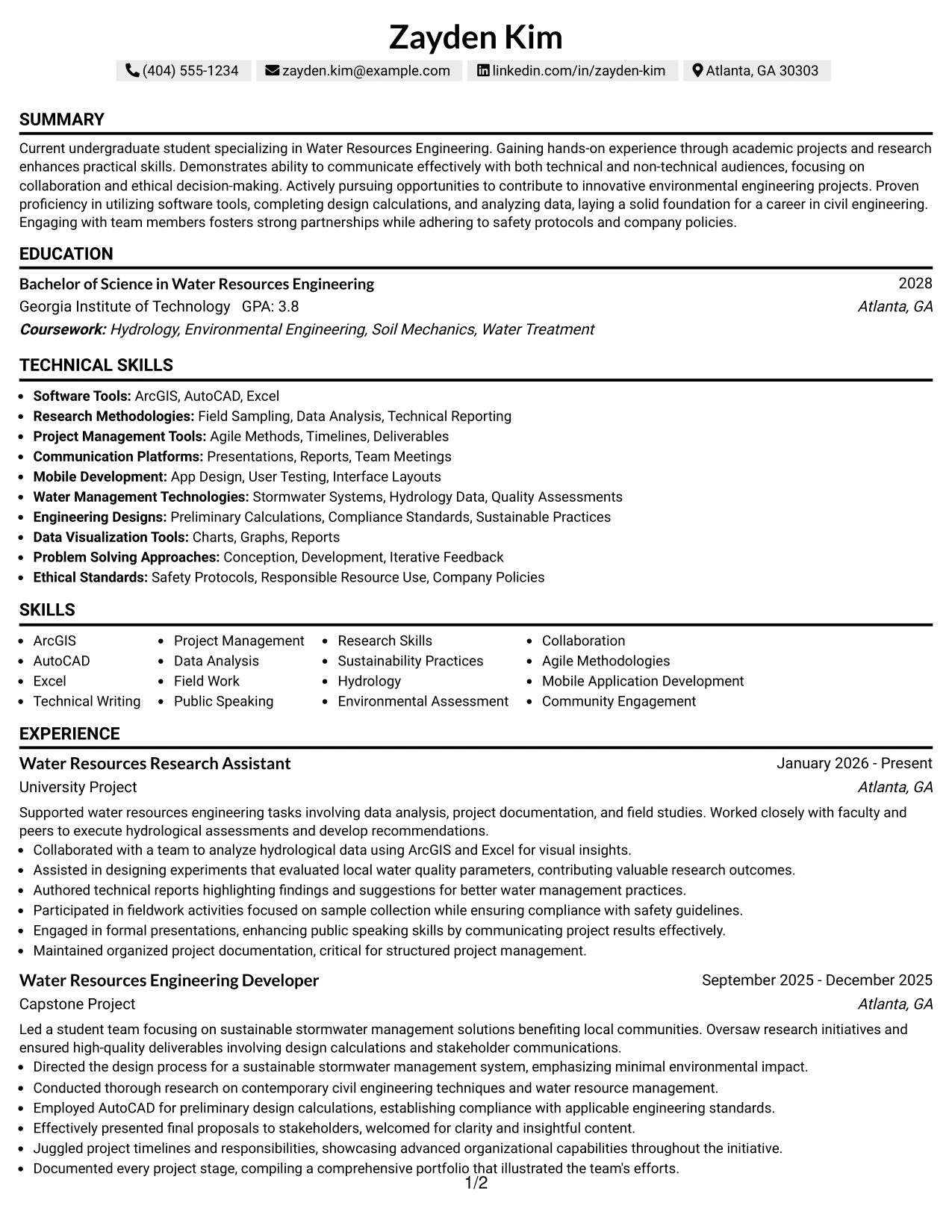 Resume Example Page 1