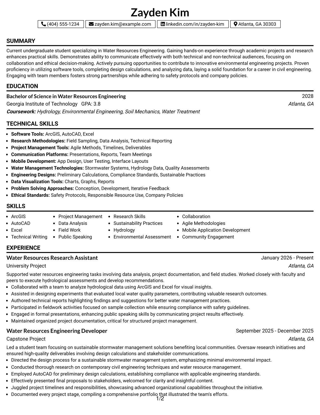 Resume Example Page 1