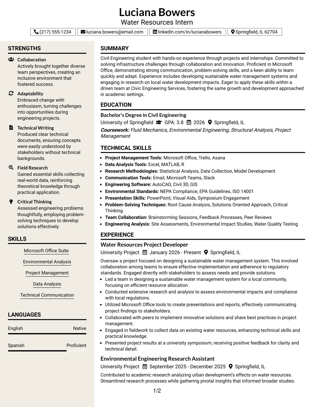 Resume Example Page 1
