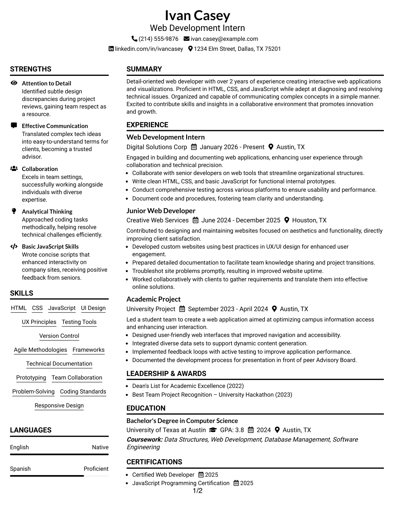 Resume Example Page 1