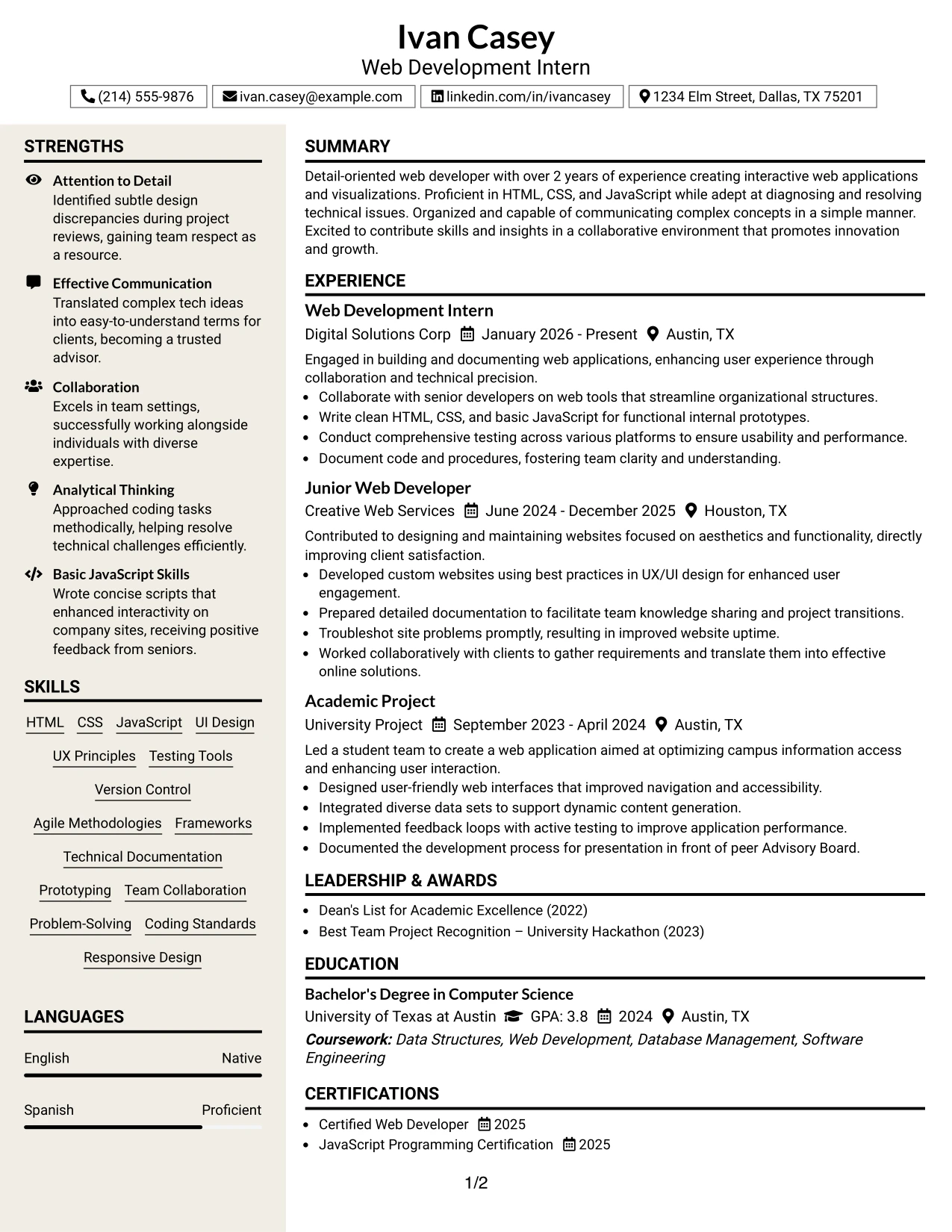 Resume Example Page 1