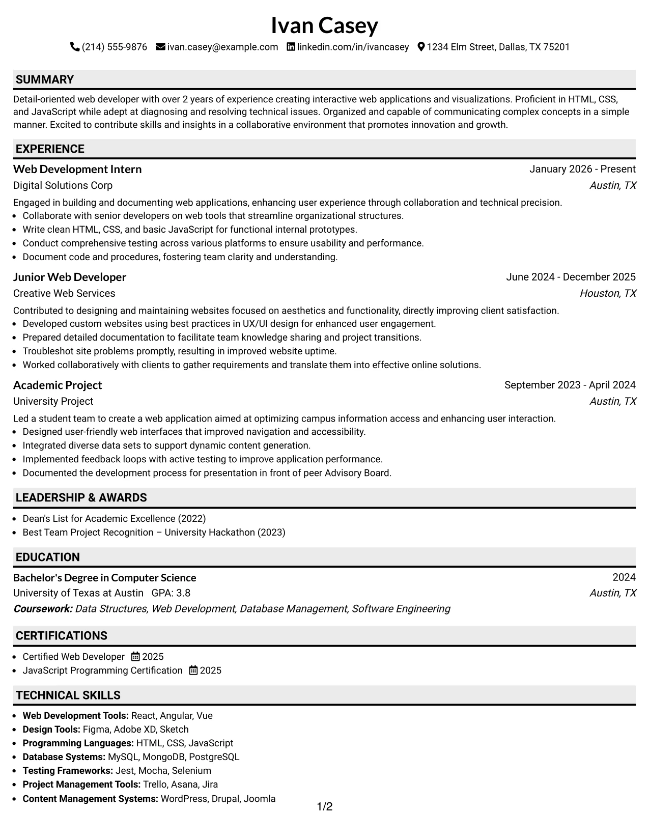 Resume Example Page 1