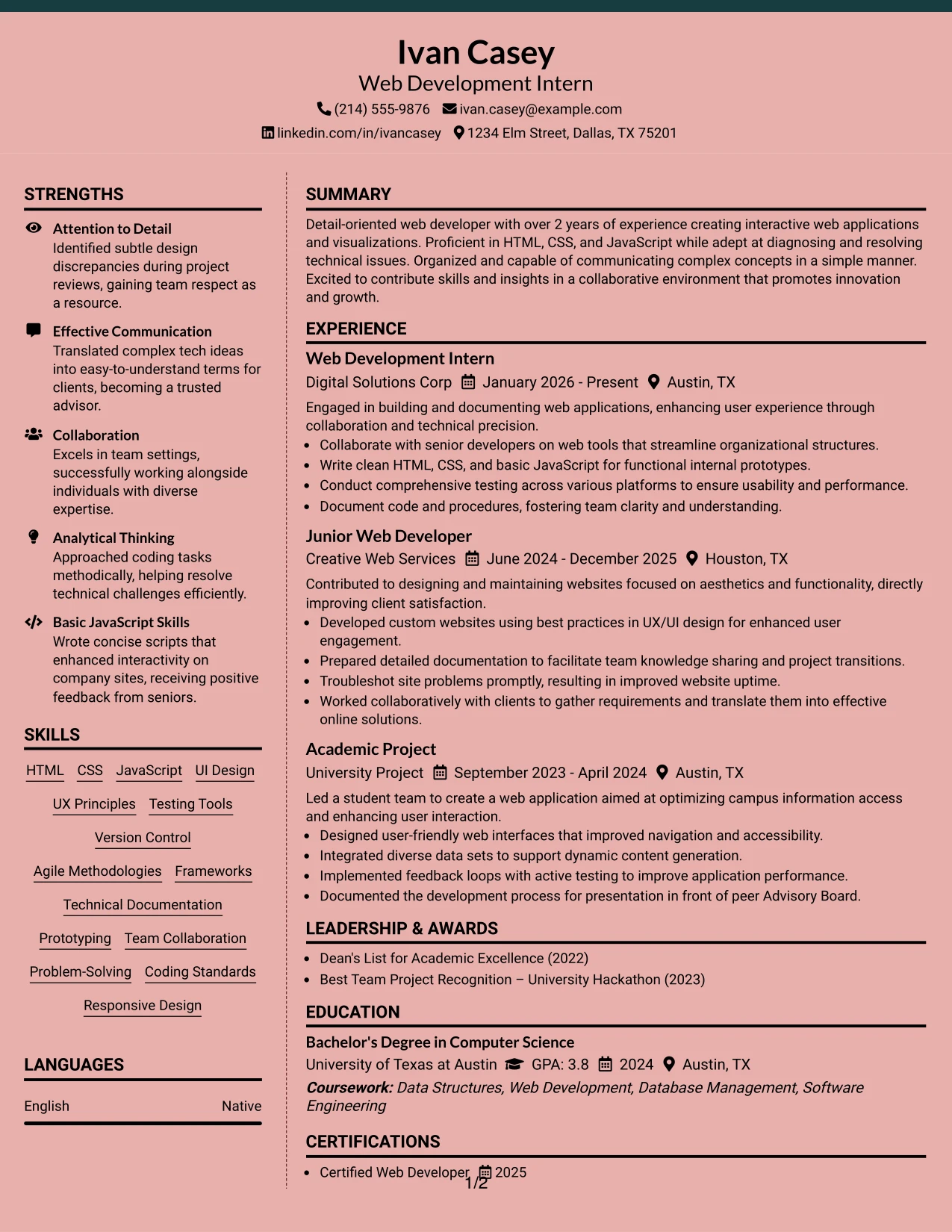 Resume Example Page 1