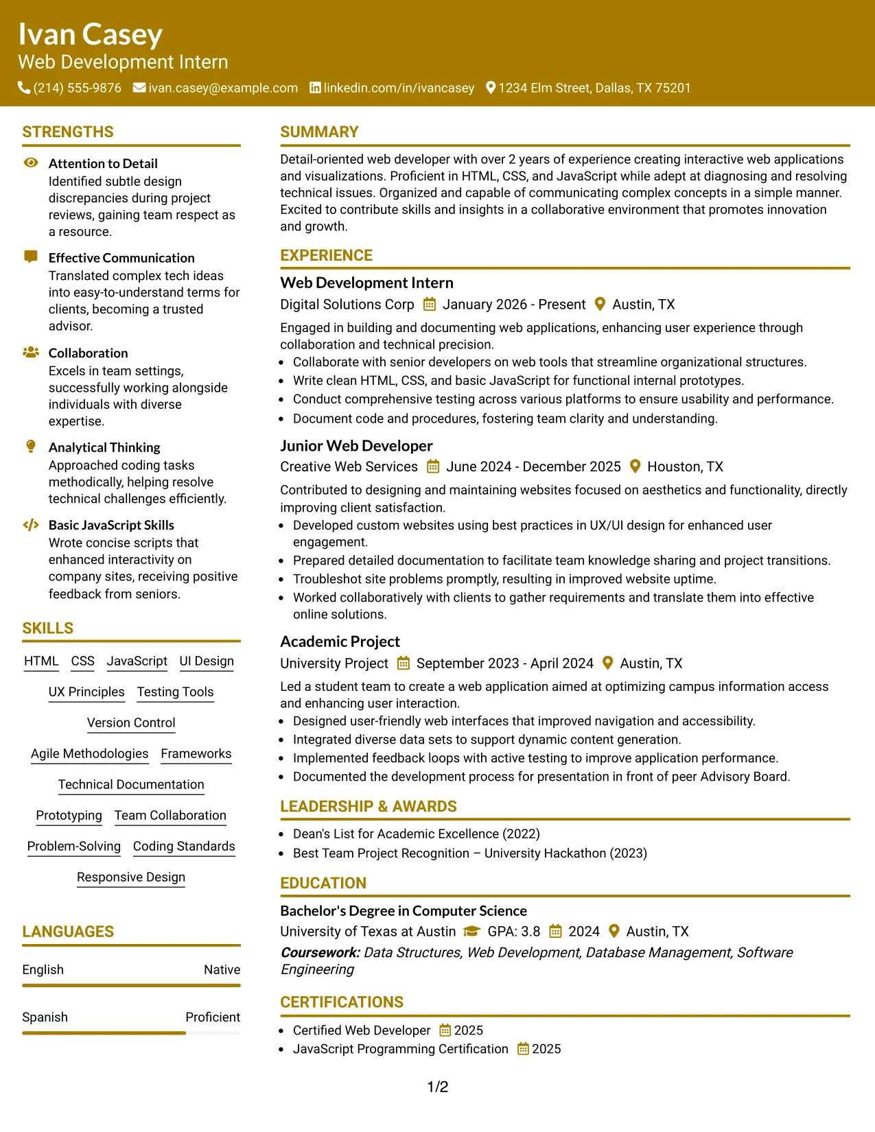 Resume Example Page 1